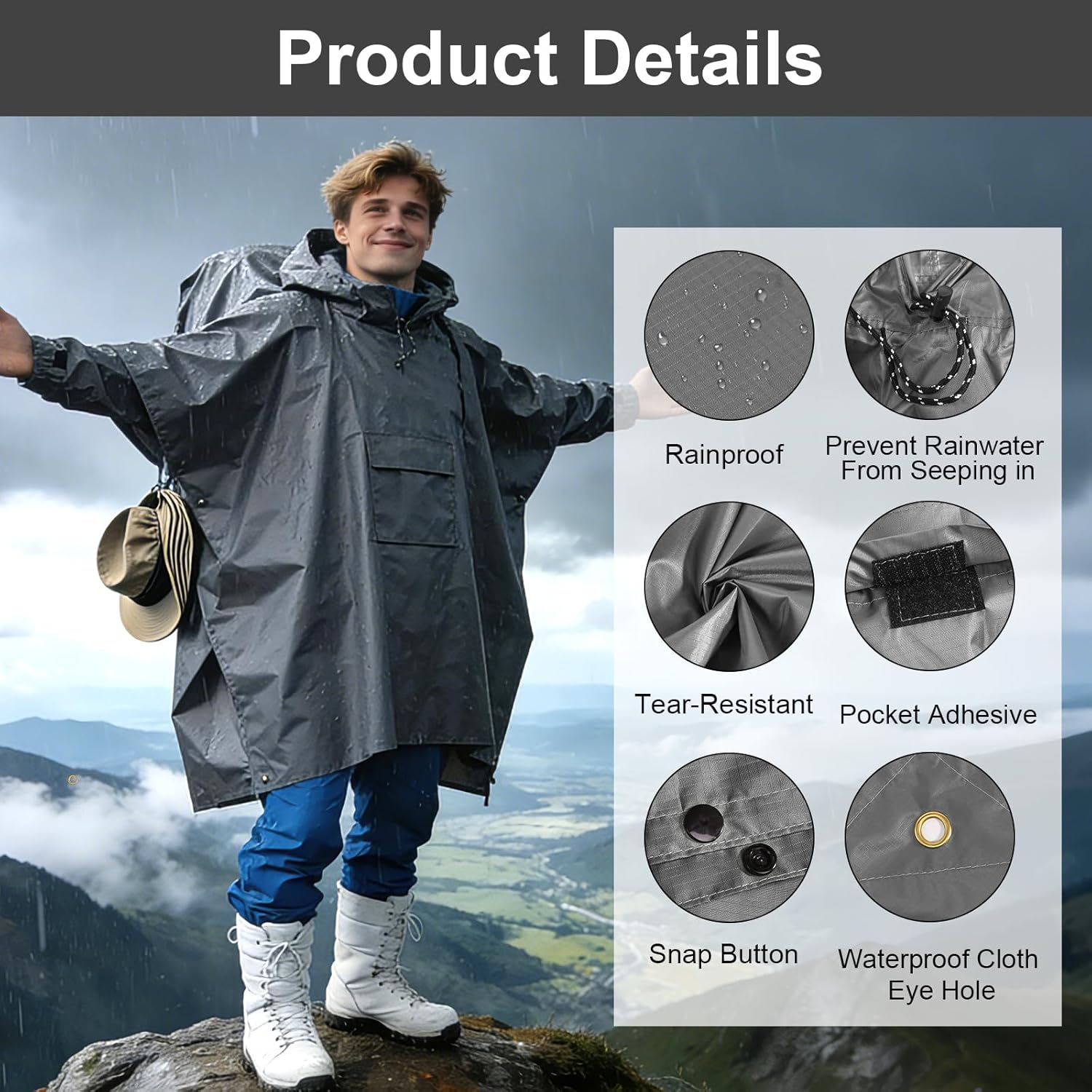 Wasserdichter Regenponcho für Damen und Herren, Mehrzweck-Regenjacke Outdoor mit Kapuze und Taschen, 3-in-1-Multifunktions-Regenmantel, Regenschutz, Regenponcho für Wandern und Camping – Bild 4