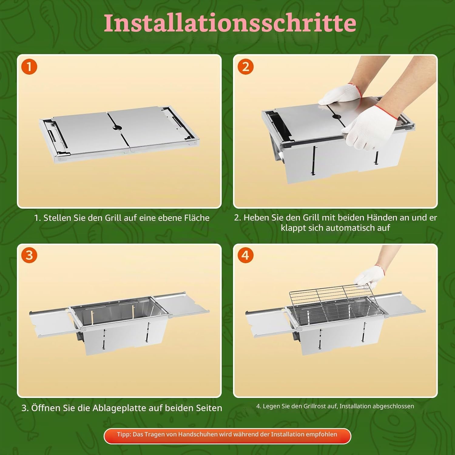 Uten Tragbarer faltbarer Grill, Holzkohlegrill aus Edelstahl mit Aufbewahrungstasche und Handschuhen, Tischgrill für Garten, Strand, Camping, Wandern, Picknicks und Reisen – Bild 5