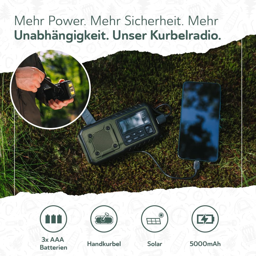 Acta Berg Kurbelradio DAB+/FM, Notfallradio, 5000 mAh Akku (Armeegrün) | Mit USB, Batteriebetrieb möglich, Notfallausrüstung für Stromausfall, integrierte Taschenlampe, Ladegerät für Mobiltelefon, Wecker – Bild 5