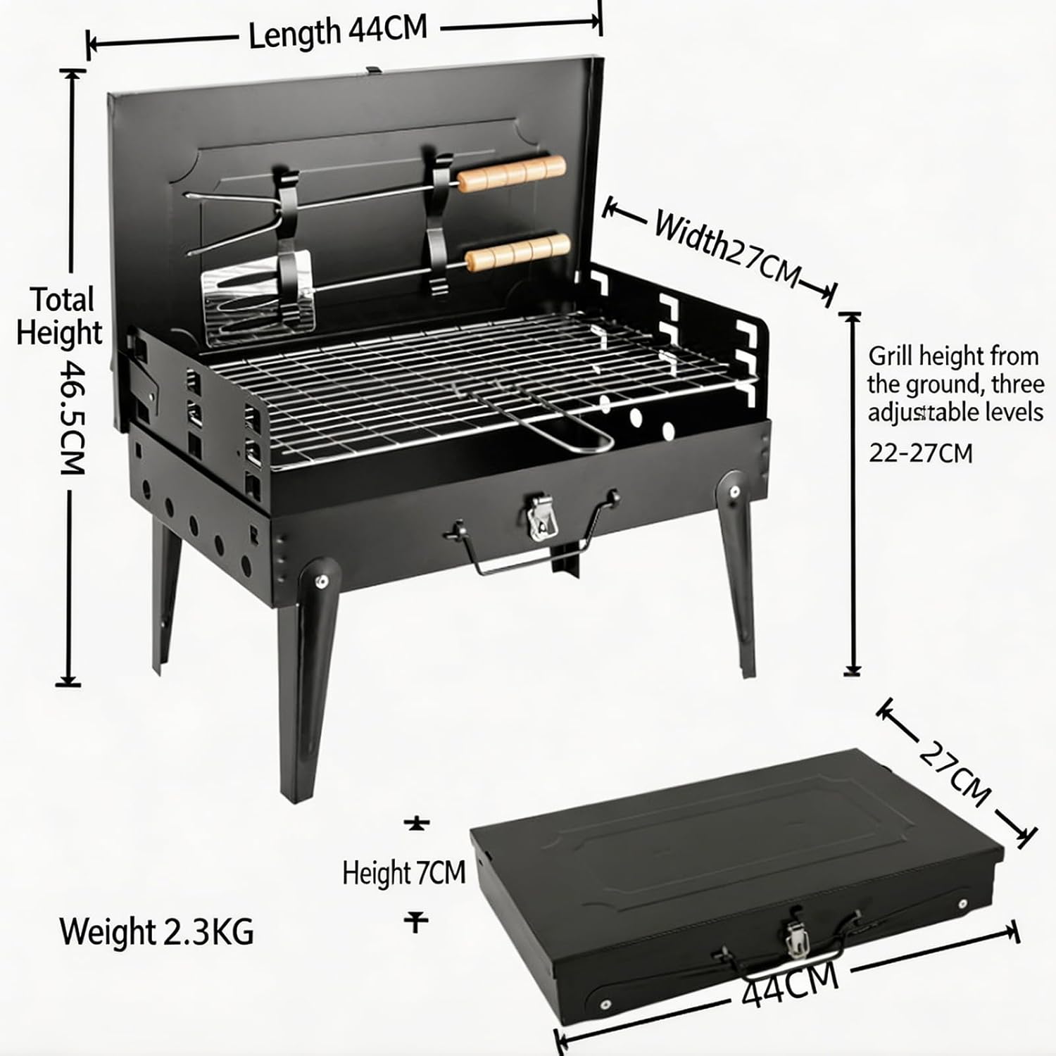 Holzkohlegrill mit Deckel und Kamin, tragbarer Outdoor-Campinggrill-Smoker mit doppelter Luftzufuhr, 2 Holzkohleschalen und Holzgriff für Garten, Terrasse und Picknick – Bild 6