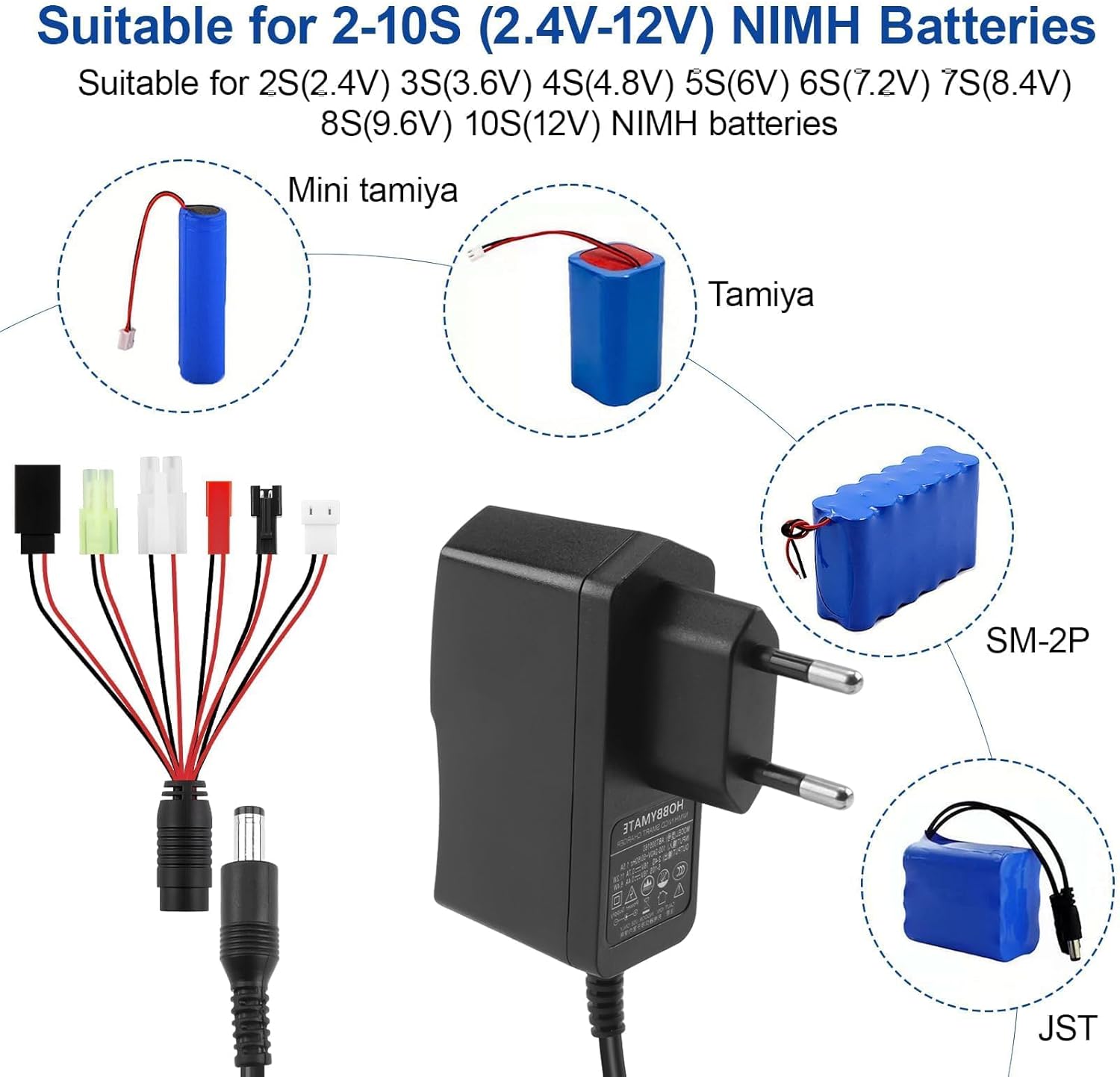 RC-Ladegerät Intelligentes 2,4-V-12-V-NIMH-/NICD-Akkuladegerät mit 6 Anschlüssen Mini und Standard TA-Miya/SM 2P/JST/Huanqi/XH3P Chargeur Battery Voiture RC für ferngesteuerte Autos, Flugzeuge, Boote – Bild 3
