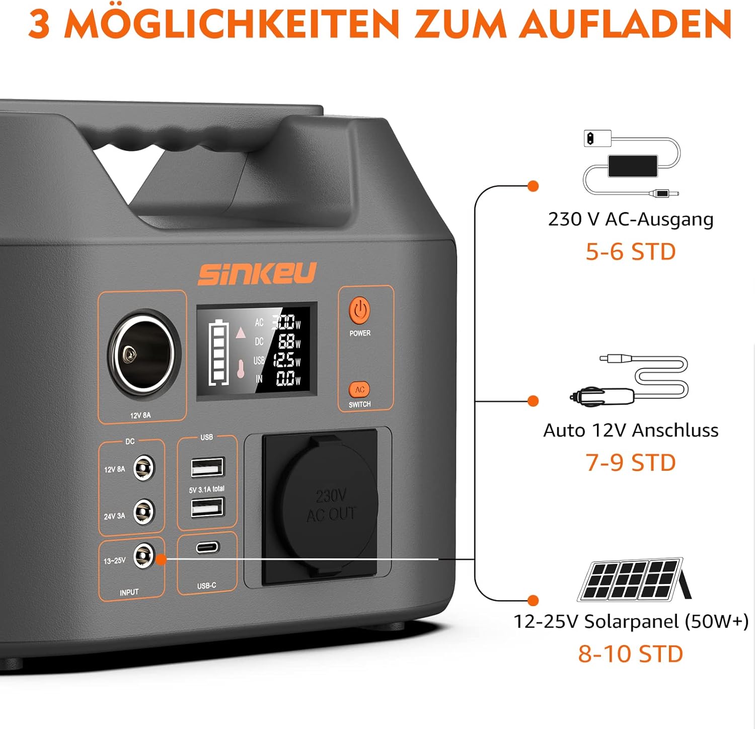 SinKeu Tragbares Kraftwerk 296 WH, Notfall-Solargenerator mit 230 V 300 W reiner Sinuswelle AC-Buchse, 12 V DC, USB, Typ C, LED-Licht, Stromspeicher, für Camping, unterwegs, Stromausfälle – Bild 4