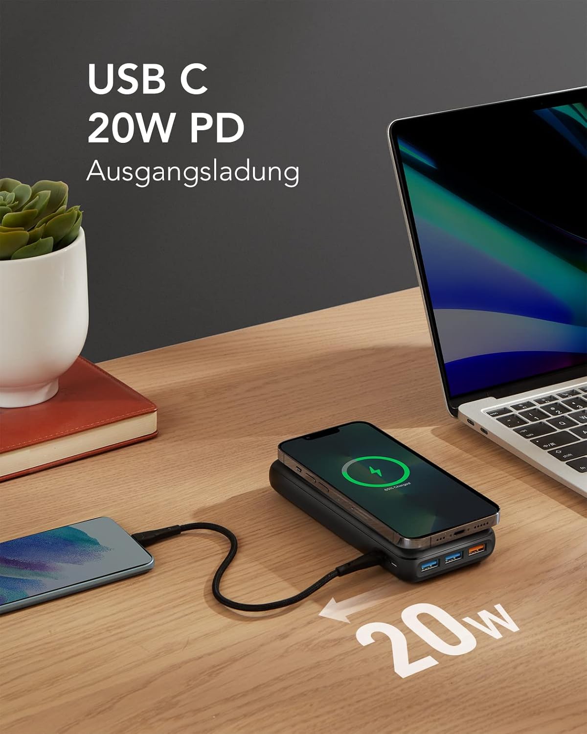 Charmast Power Bank, kabellose Powerbank, 20000 mAh, induktives Laden, 22,5 W | 15W Kabellose, PD 20W Schnellladefunktion, USB C Externe Handyakkus, LED Display, Kompatibel mit iPhone Samsung Xiaomi etc – Bild 3