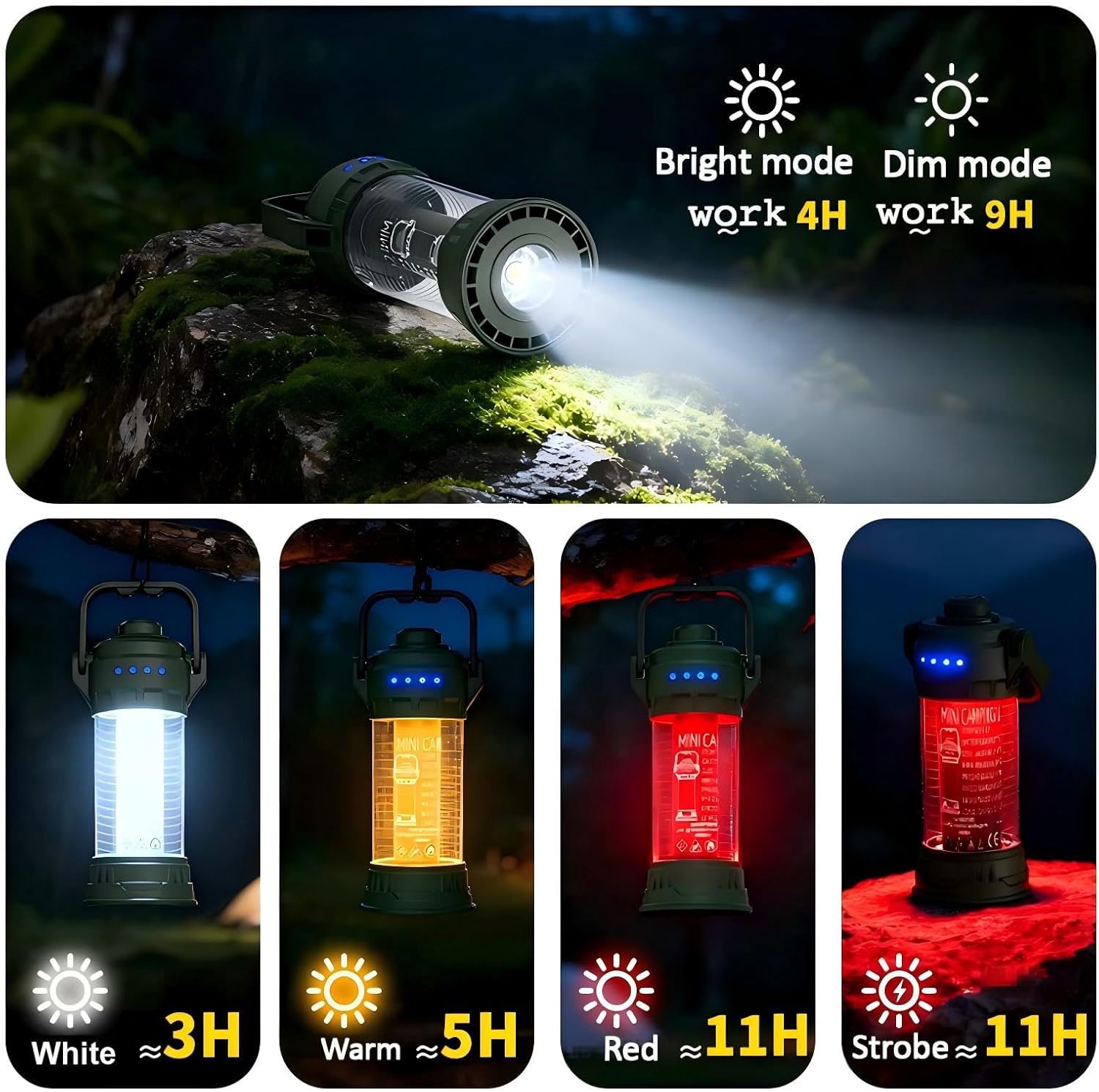 Wiederaufladbare LED-Campinglampe, Akku-Campinglaterne mit Haken, 5 Lichtmodi & Signalblitz, wasserdichte Außenlampe für Camping, Wandern, Angeln, Notfalllampe – Bild 6