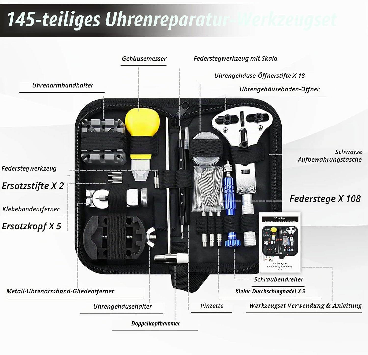 Professionelles Uhrenreparaturset, GLDCAPA Uhrenreparaturwerkzeuge mit Tragetasche, Werkzeug zum Entfernen von Uhrengliedern, Uhrengehäuseöffner, Uhrenpressenset mit 60 Uhrenbatterien – Bild 8