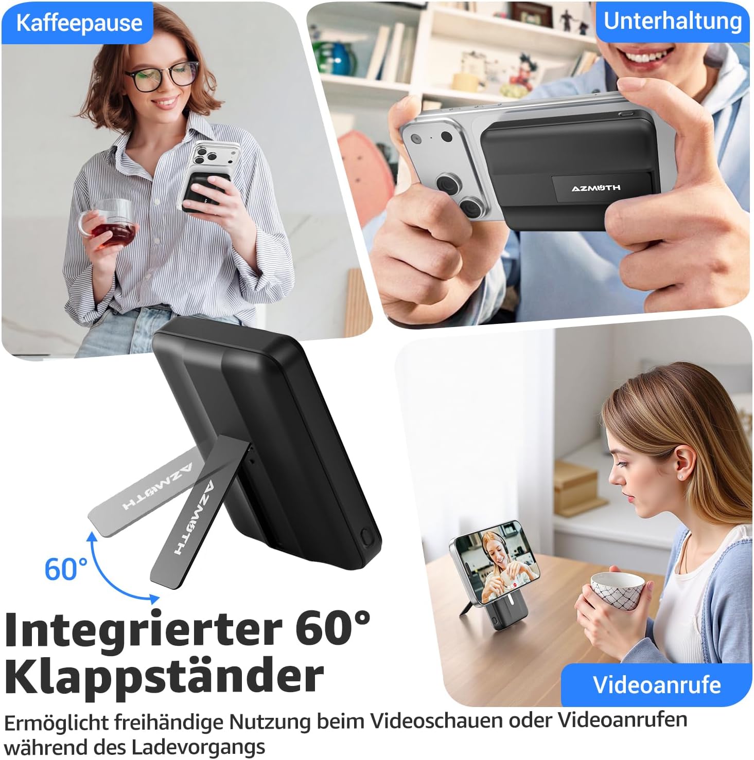 Azmuth Magsafe Powerbank 10000 mAh kabellos magnetisch für iPhone 17-12 | Kabellose Powerbank mit USB-C-Eingang und -Ausgang, 22,5 W USB-A, Klappständer und LED-Bildschirm für iPhone 17/16/15/14/13/12 – Schwarz – Bild 5