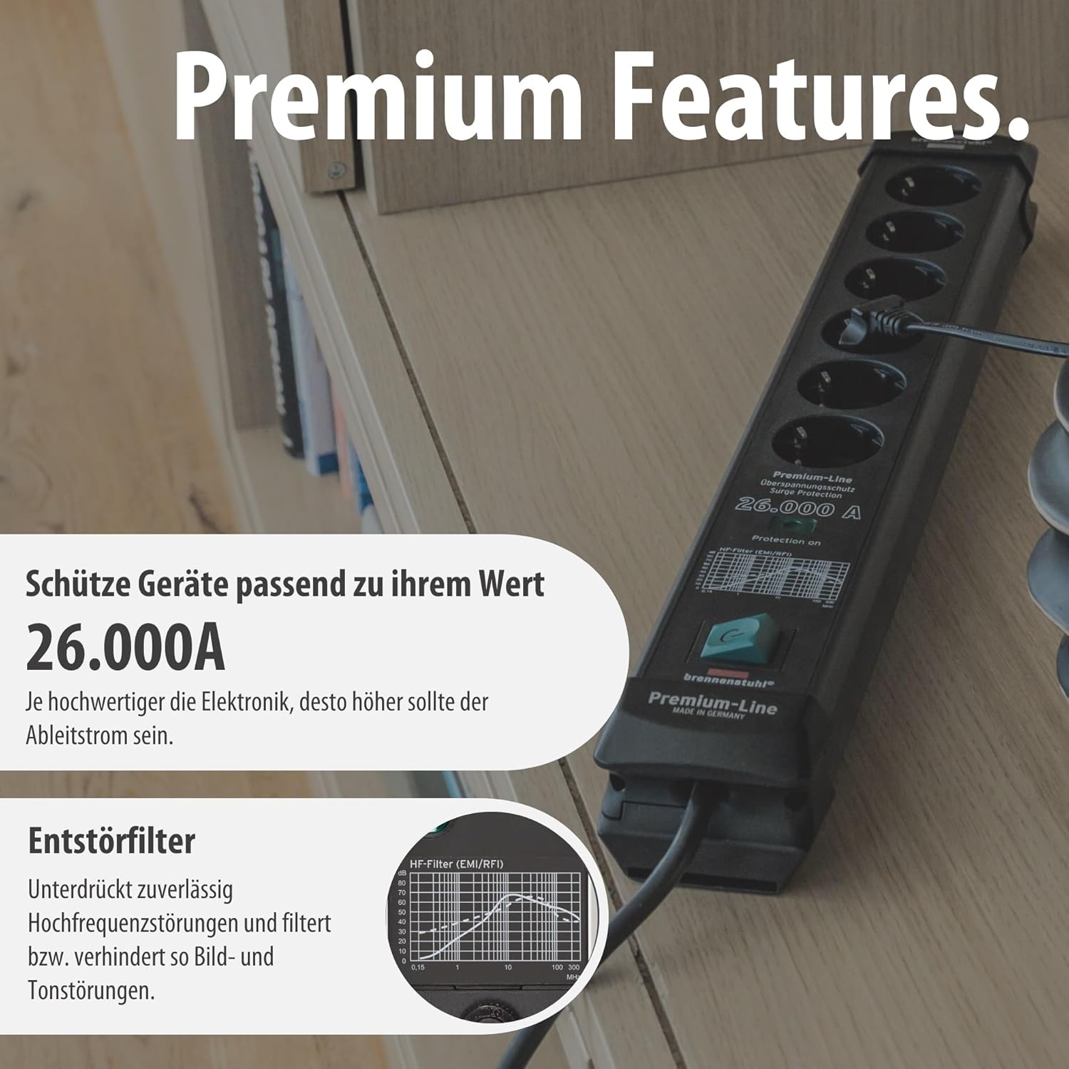 Brennenstuhl Premium-Line Steckdosenleiste 6-fach mit Überspannungsschutz bis zu 26.000 A (Steckerleiste mit 1,8m Kabel und mit Schalter, Made in Germany) schwarz – Bild 7
