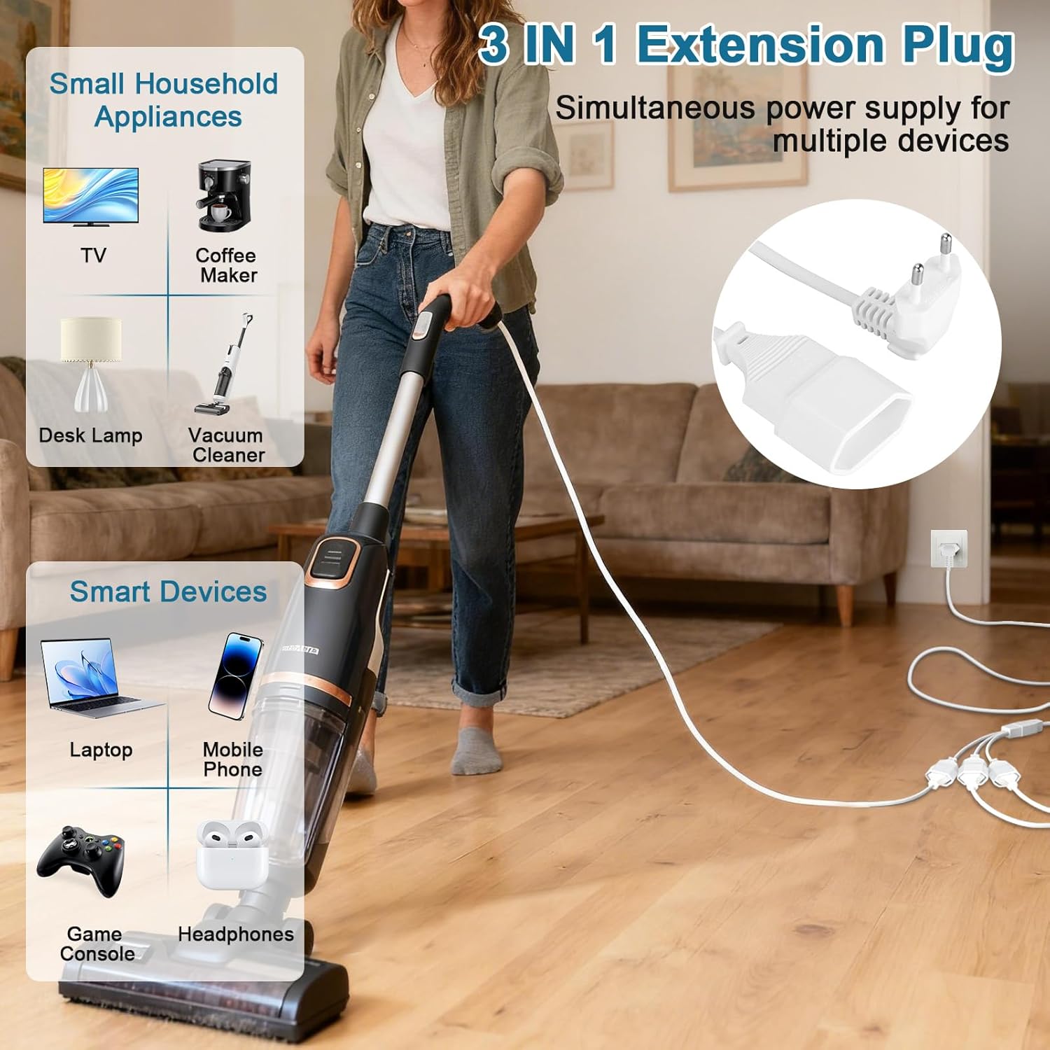 VINATO 3 in 1 Verlängerungskabel Flachstecker, Eurostecker Verlängerung 20 cm, Stromkabel flach 250 V/2,5 A, Mehrfachsteckdose flaches Design für Haushalt und Reisen – Bild 5