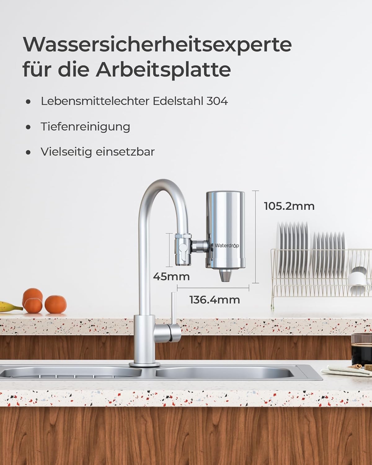 Waterdrop WD-FC-06 Wasserfilter-Wasserhahn aus Edelstahl, Carbon-Block-Wasserfiltersystem, Leitungswasserfilter, entfernt Chlor, Schwermetalle und schlechten Geschmack (1 Filter im Lieferumfang enthalten) – Bild 5