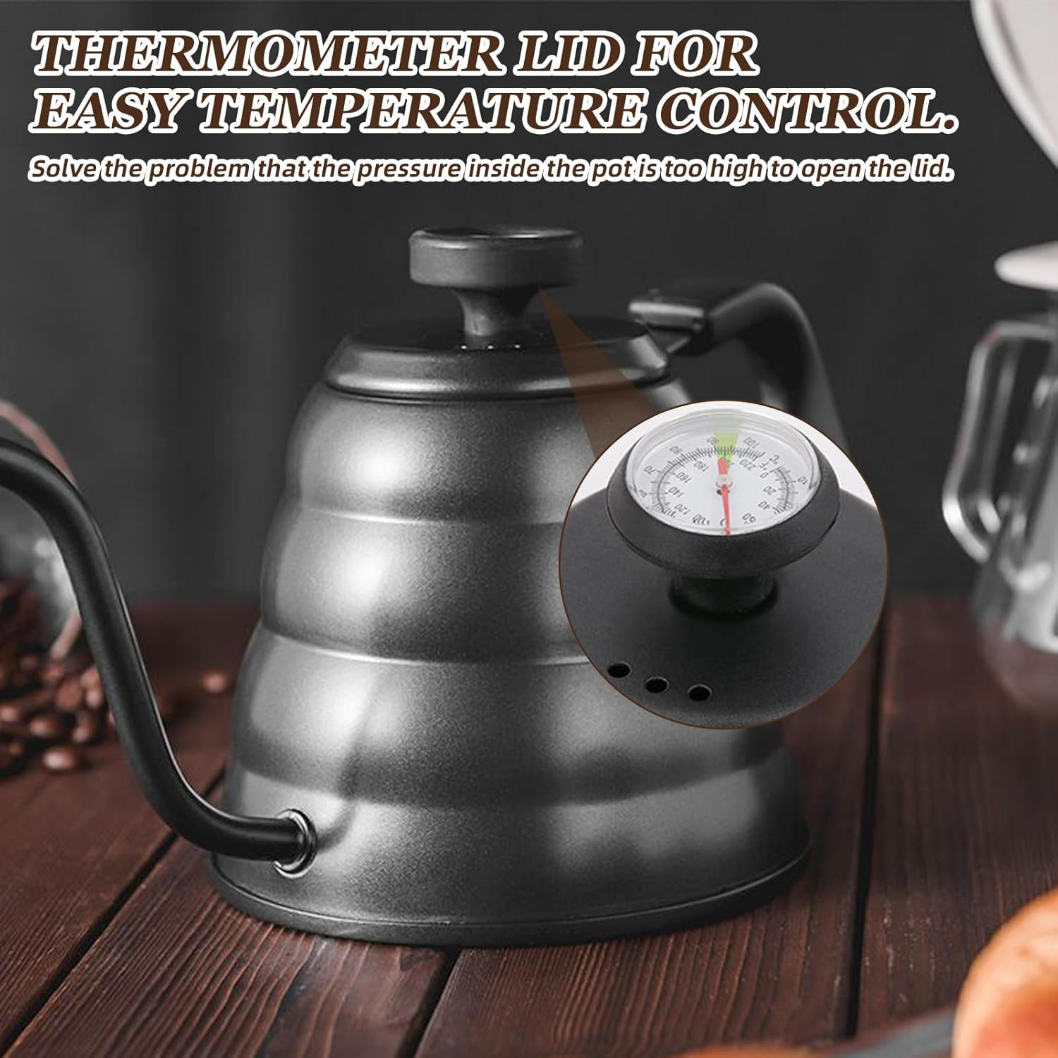 Schwanenhals-Wasserkocher mit Thermometer, 1200 ml/40 oz Edelstahl-Wasserkocher, Kaffeekanne, Schwanenhals-Wasserkocher für Gas- und Induktionsherde, leicht zu reinigen, Schwarz – Bild 7