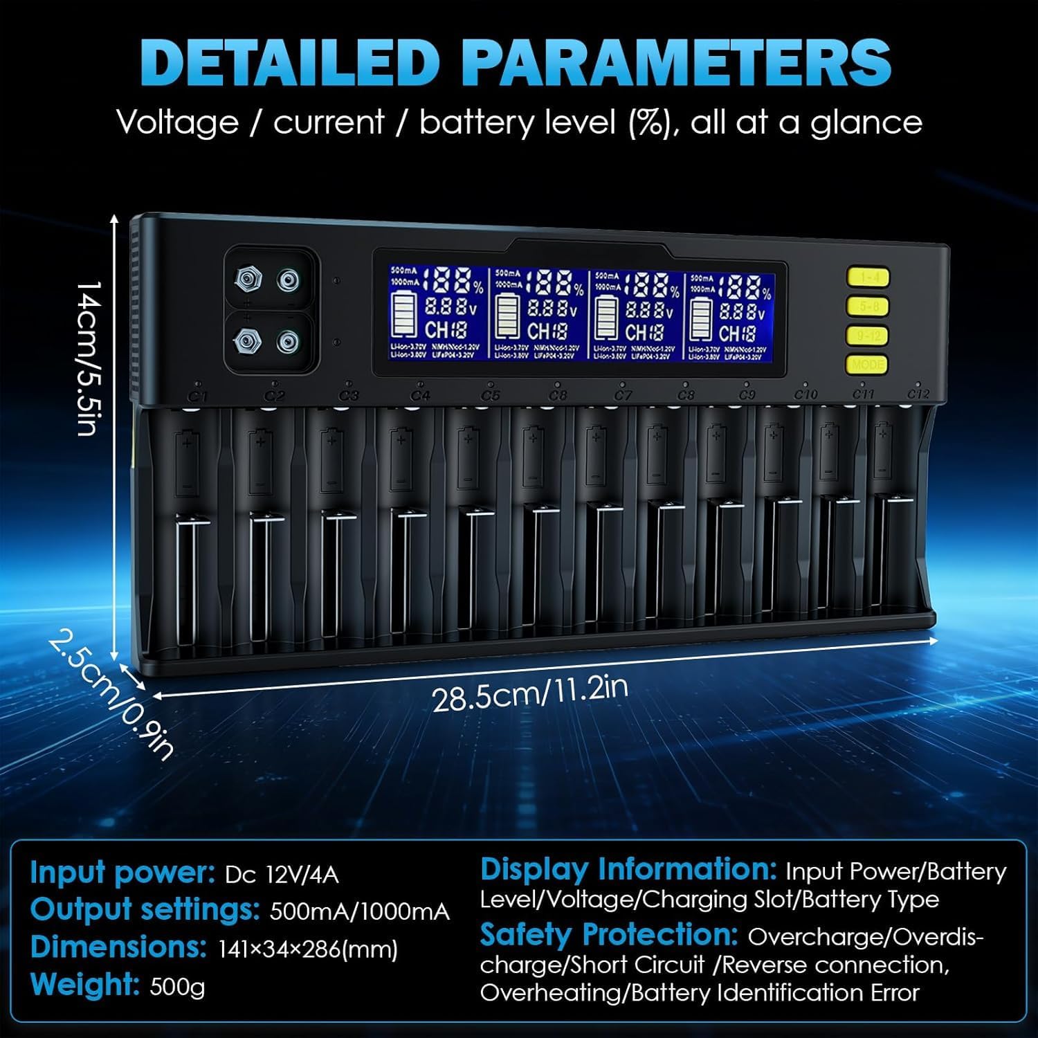 18650 Akku Ladegerät, 12+2 Slot Akku Ladegerät mit LCD Display – Universelles Schnellladegerät für 18650, 21700, 26650, AA, AAA, Li-Ion, LiFePO4, NI-MH, NI-Cd Akkus – Bild 6