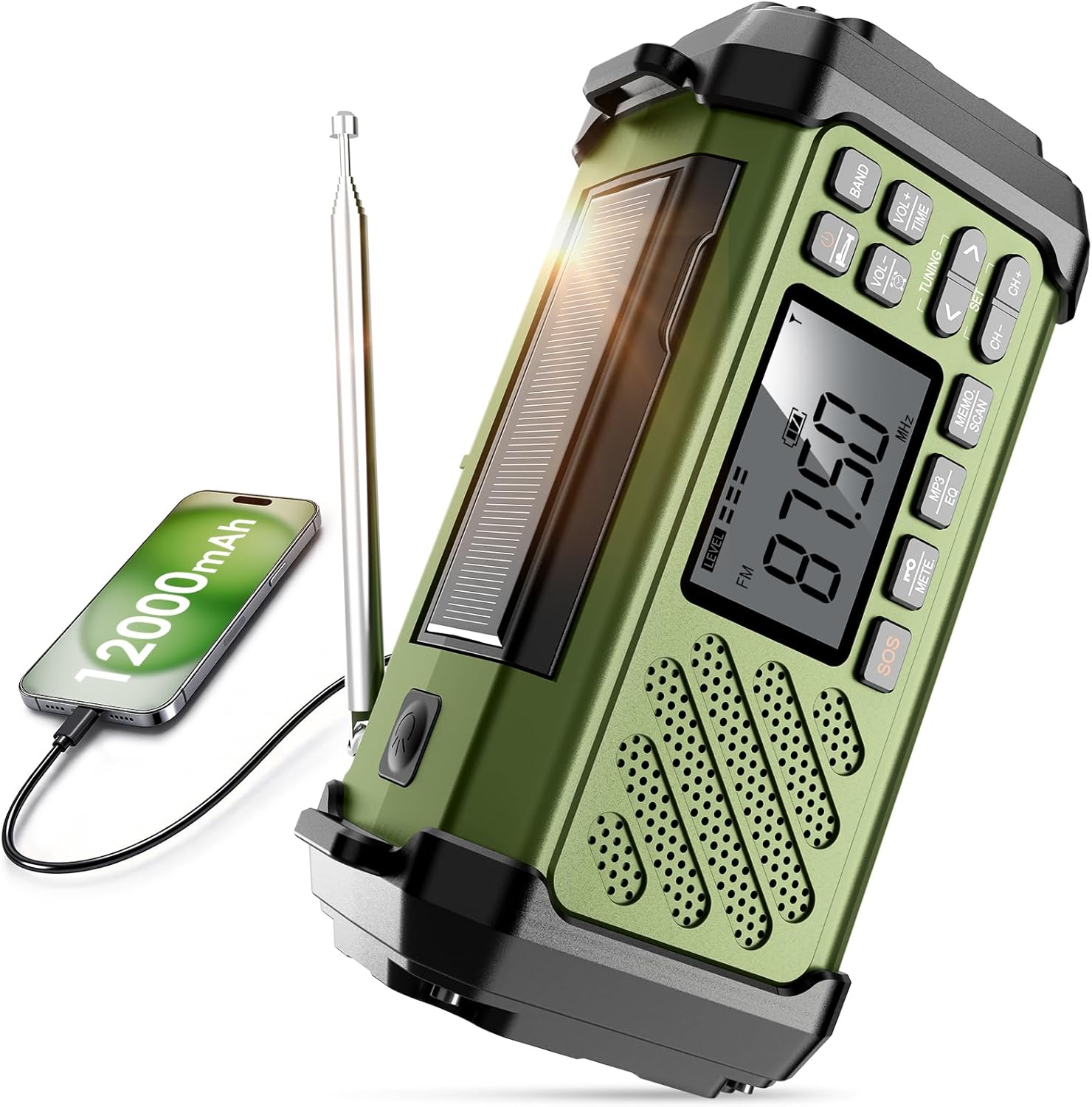 Vikeri Kurbelradio 12000 mAh, Notfallradio mit Kurbel und Solar mit AM/FM/SW, LED-Campinglicht, SOS-Alarm, Kompass, USB-C-Handyladung, tragbares Radio mit Tragegurt für den Notfall (Grün).