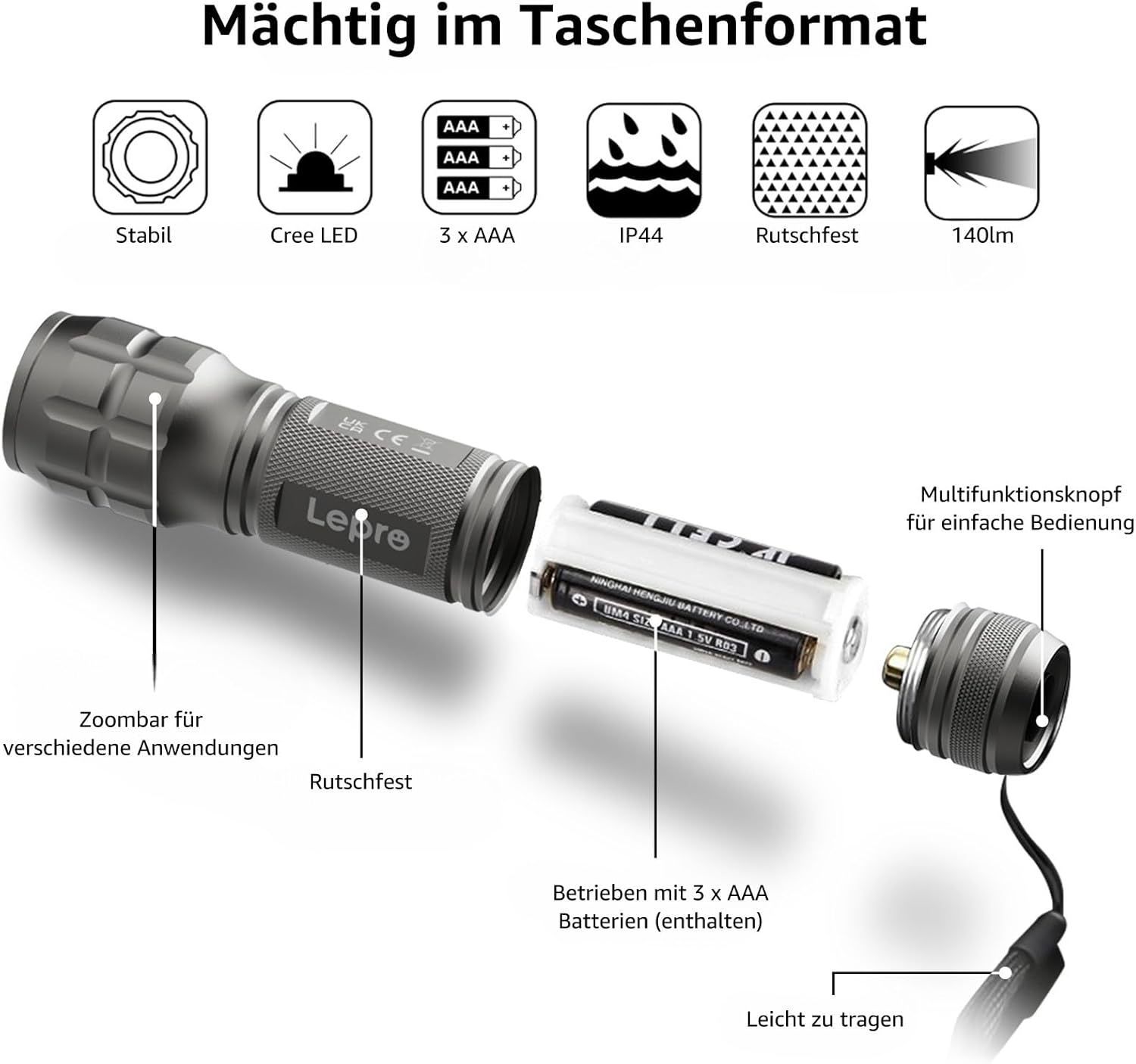 Lighting EVER LED-Taschenlampe, kleine, extrem helle & zoombare Mini-Taschenlampen, batteriebetrieben für Kinder, wasserdichte Handlampe für Camping, Outdoor, Notfälle (Gunmetal) – Bild 5