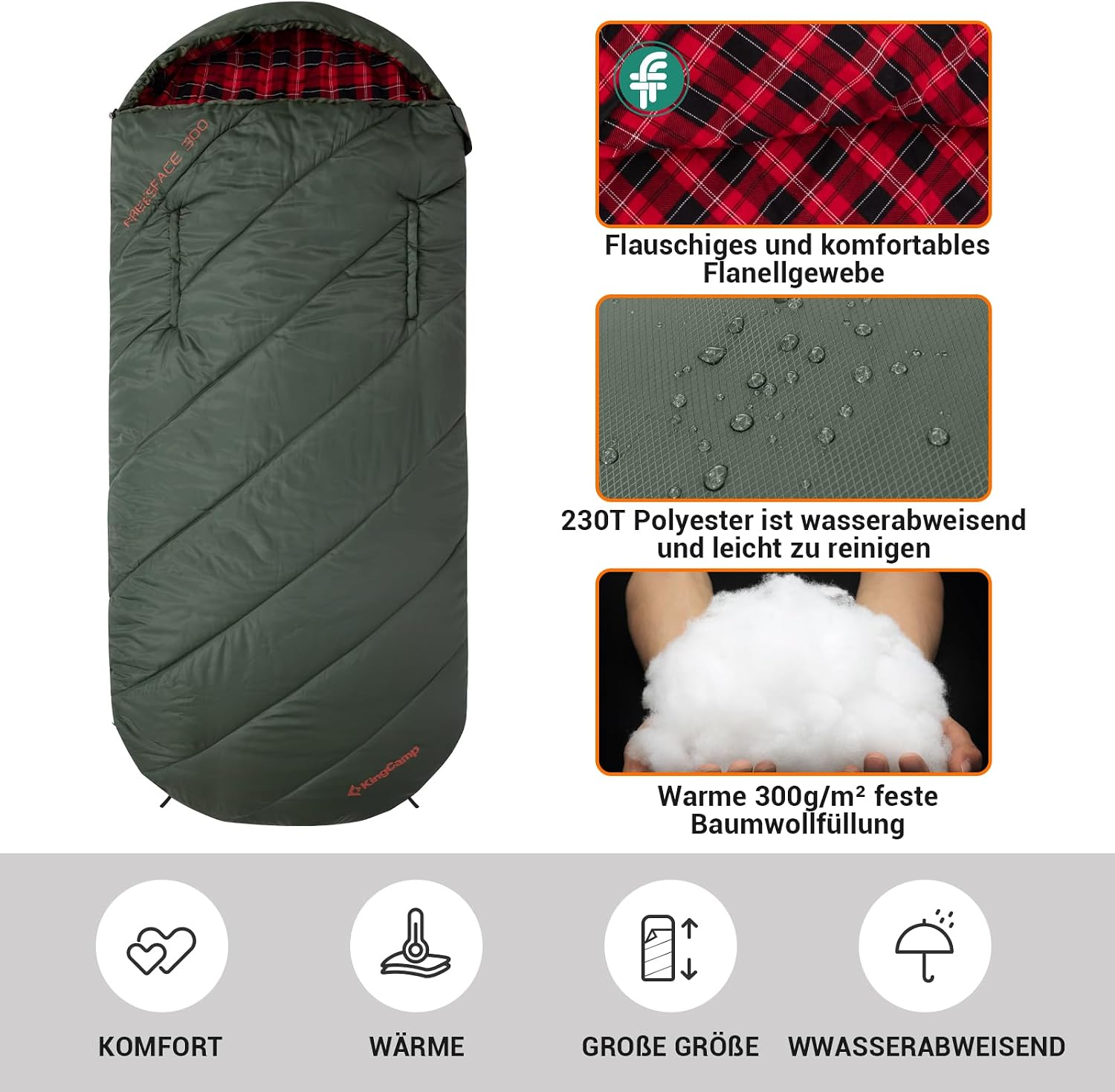 KingCamp Schlafsack XXL Baumwolle Flanell für Erwachsene, Übergröße Warmer Deckenschlafsack Winter für Camping Reisen und Aktivitäten Outdoor im 4-Jahreszeiten, 220x100cm – Bild 3