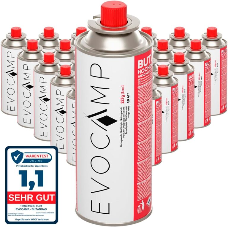 EVOCAMP 28 Stück Butan-Gaskartuschen, 227 g, Typ MSF-1a, Bajonettventil, ideal für Campingkocher, Gasheizung, Unkrautbrenner, Campinggas, universelle Druckgasdose für Camping und Grillen