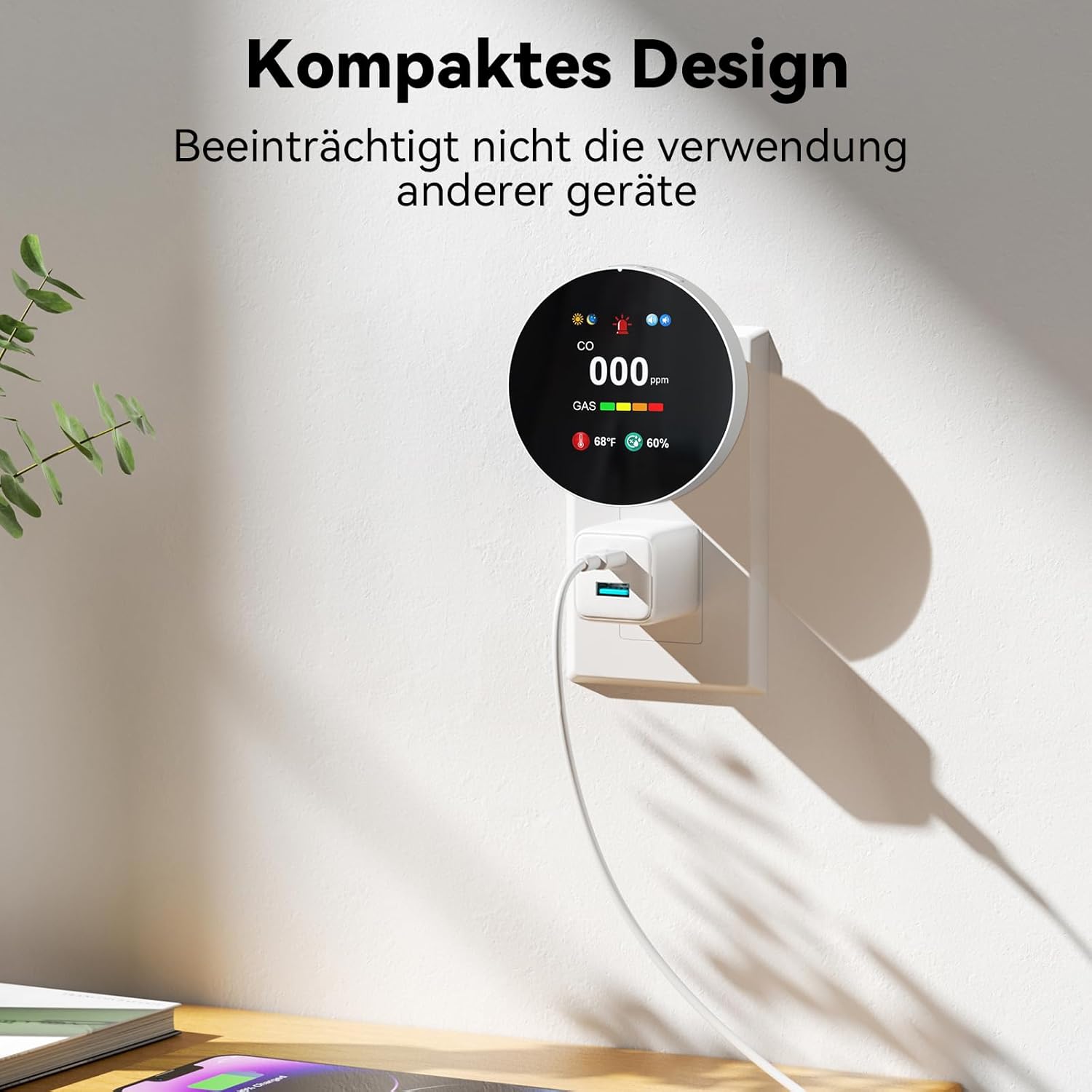 Kohlenmonoxid- und Gasmelder mit Stecker, 4-in-1-CO-Melder mit Temperatur- und Luftfeuchtigkeitssensor, mit akustischem Alarm für Zuhause und Wohnmobil, 1er-Set (weiß) – Bild 5