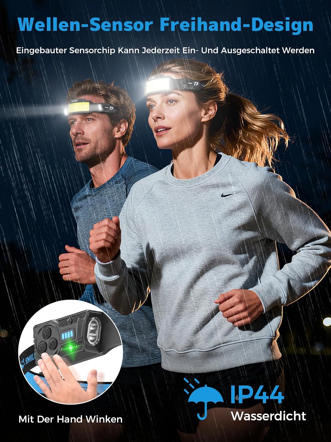 Smiling Shark TS-6 Stirnlampe, LED-Stirnlampe, wiederaufladbar, 2400 mAh, mit schwenkbarem Dual-Spotlight & 6x Flutlicht & Stroboskop mit Bewegungssensor, Freisprech-Design für Camping, Joggen, Wandern, Laufen (2er-Pack) – Bild 4