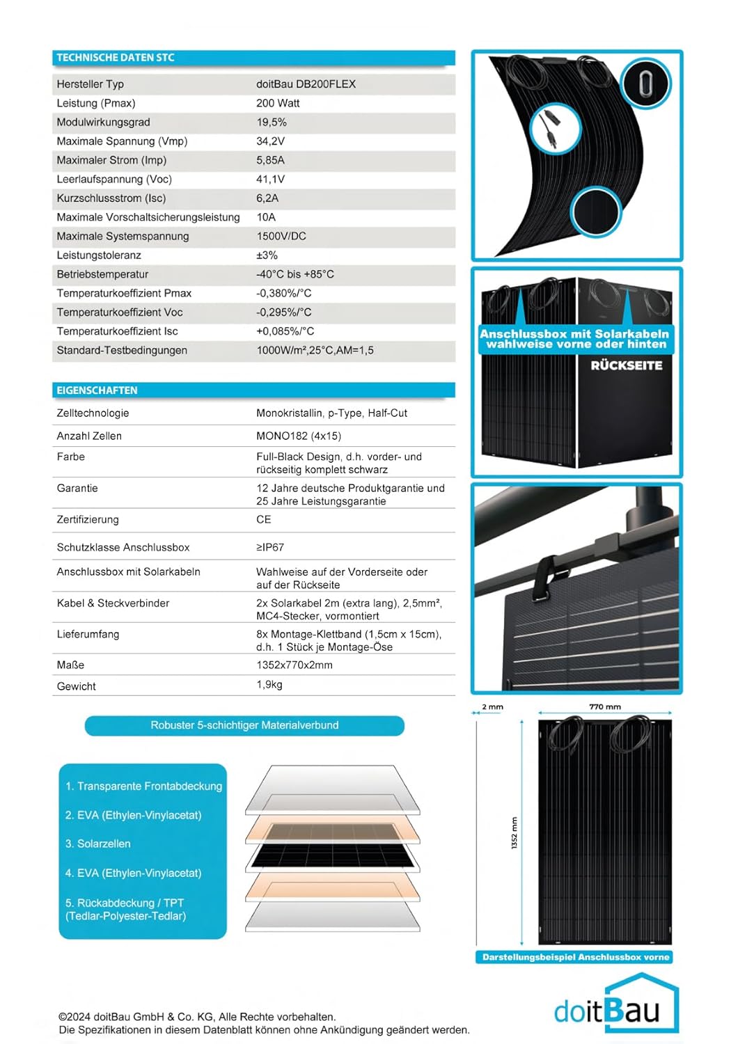 doitBau Flexibles Solarpanel 200 W, komplett schwarz mit Backbox – ultradünn 2 mm, 1,9 kg – 1352 x 770 mm für Wohnmobil, Boot, Balkon und Dach – Bild 8
