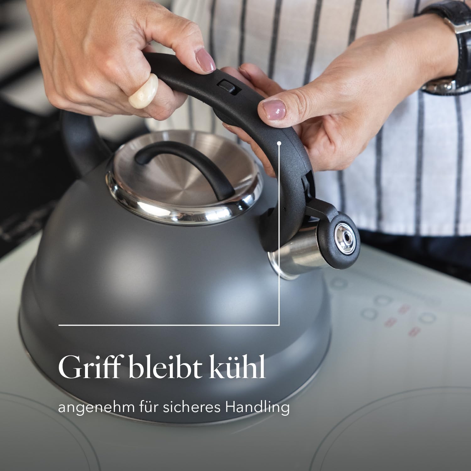 FLORINA JACOB Wasserkocher (2,5 L) | Teekessel aus Edelstahl | Pfeifkessel mit Bakelitgriff und Pfeifgeräusch | Pfeifkessel für Tee und Kaffee | Geeignet für alle Herdarten | Farbe: Grau – Bild 7