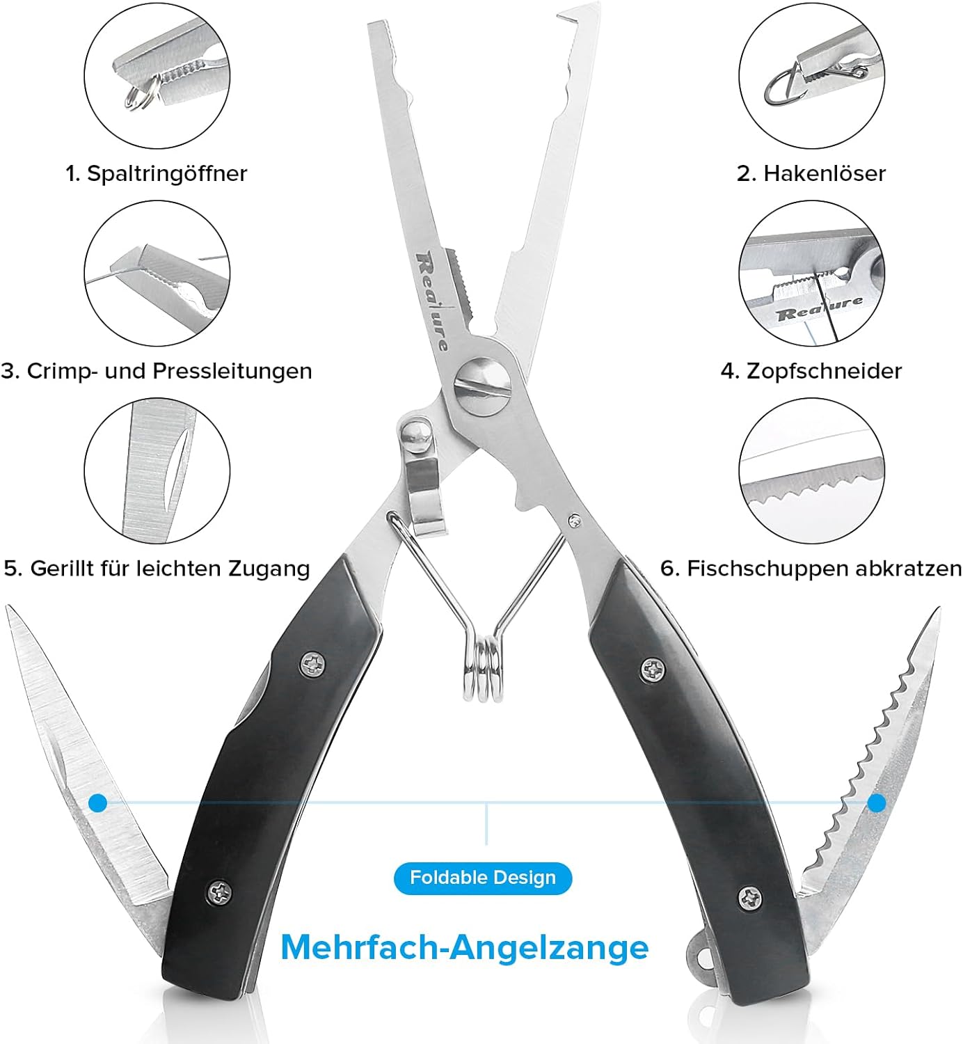 Realure 3-teiliges multifunktionales Angelzangen-Set mit Umhängeband, inklusive Ateria-Zange, Hakenlöser, Angeln, Schnurschneider, Angelzange für Hakenlöser, Sprengring, tragbar, Edelstahl – Bild 4
