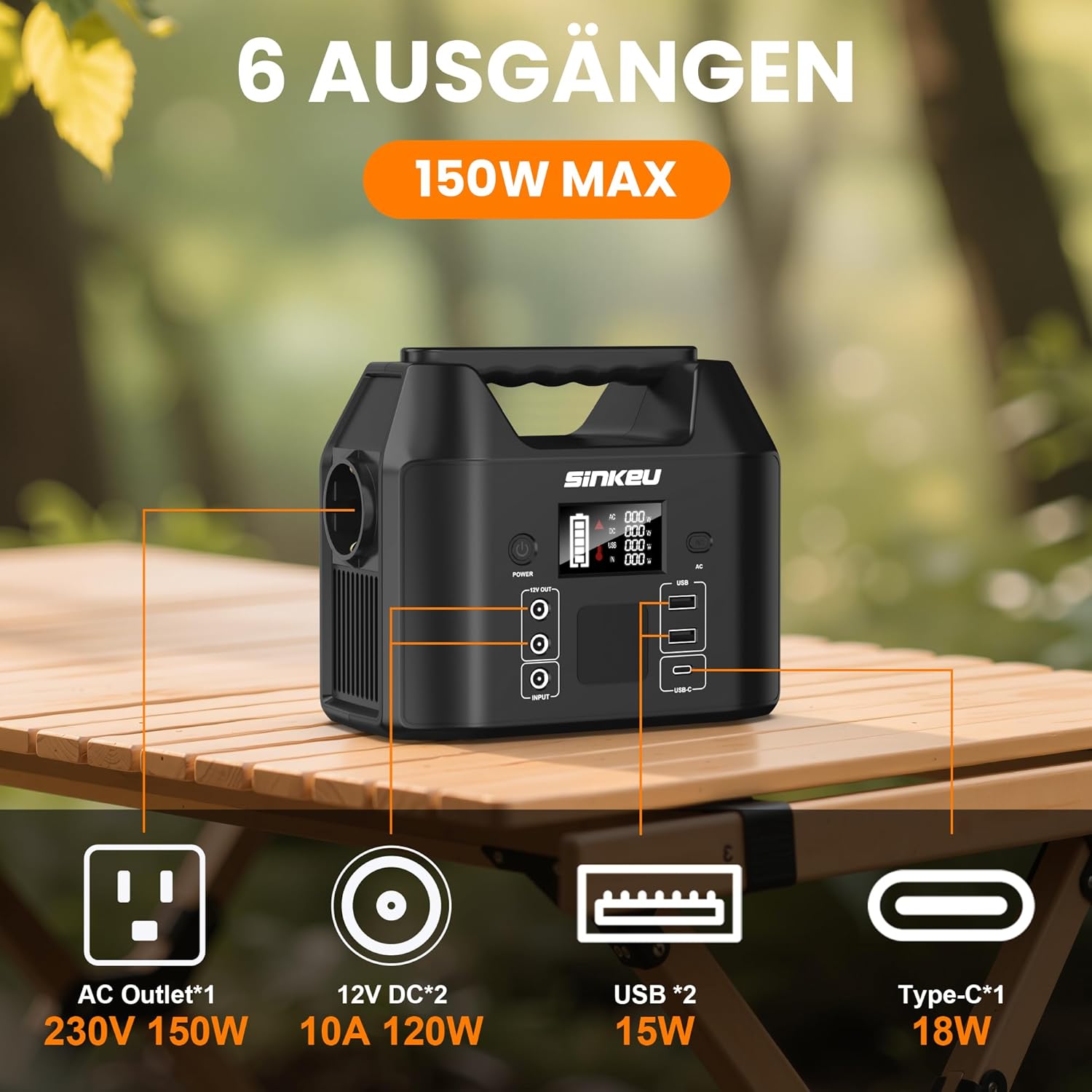 SinKeu 96Wh tragbares Kraftwerk mit 40-W-Solarpanel, 30000-mAh-LiFePO4-Batterie-Solargenerator mit 230-V-150-W-AC-Steckdose/12-V-DC/USB, Notstromversorgung für Camping, Picknicks, Garten, Notfälle – Bild 2