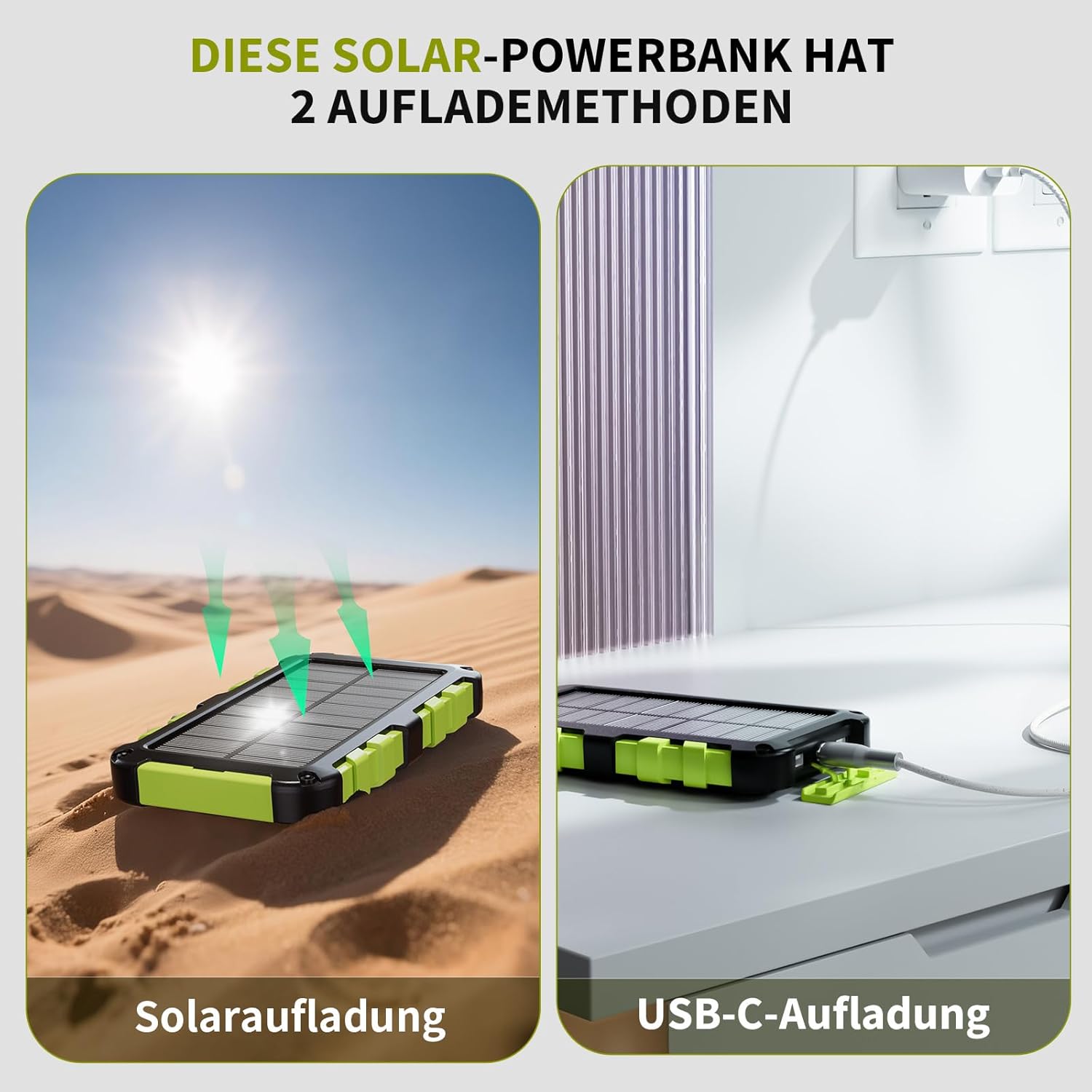 Solar Powerbank 26800mAh PD 22,5W Tragbares Solar Ladegerät USB C Outdoor Wasserdicht Externer Akku mit LED-Licht und 3 Ausgängen für Tablets Smartphones Outdoor Camping Grün – Bild 4