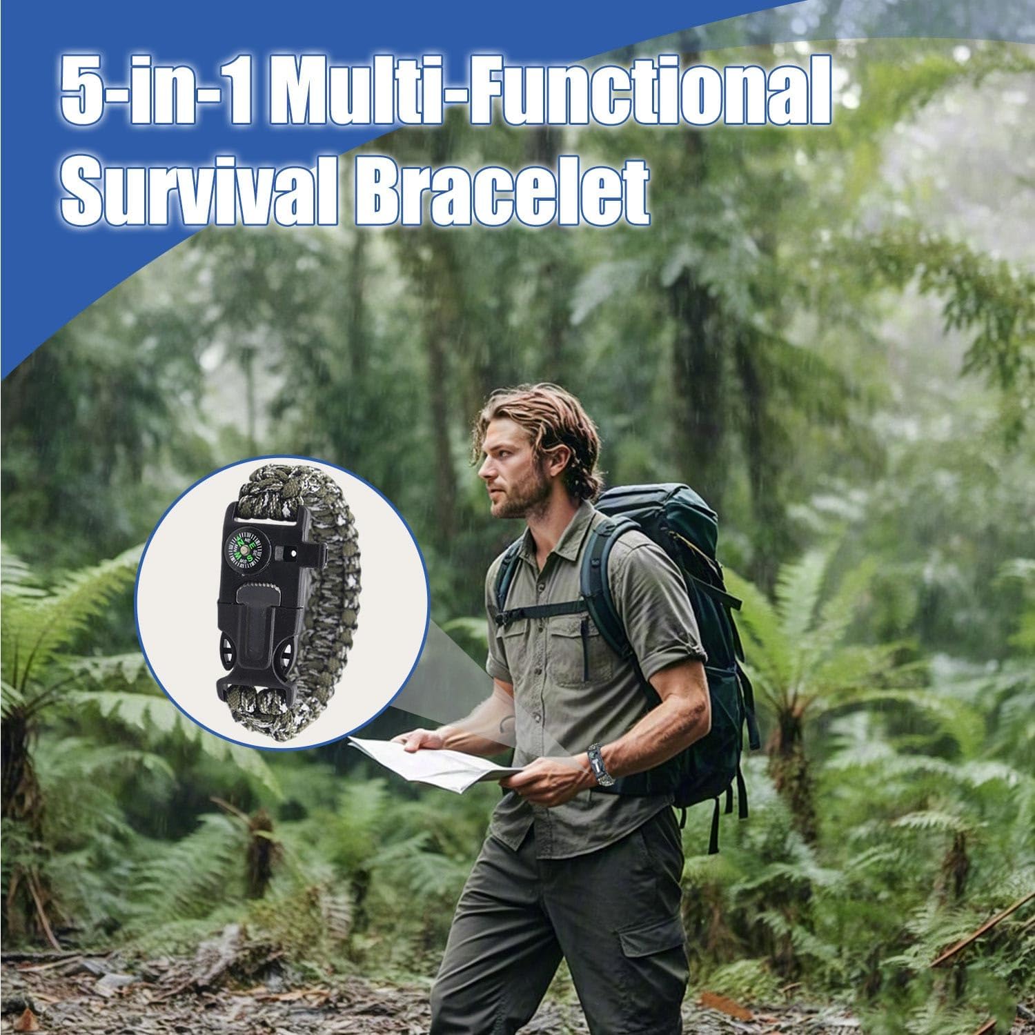 Survival-Armband mit Kompass und Feuerstarter, 3,6 m Regenschirmseil für den Außenbereich | Notfallmesser, Pfeife, Paracord-Ausrüstung, für Wandern, Camping und Expeditionen, komplettes Survival-Set – Bild 6