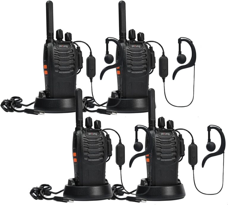 Walkie Talkie PMR446 lizenzfreies Zwei-Wege-Radio, pofung PT88E 16 Kanäle, professionelle wiederaufladbare USB-Ladestation mit großer Reichweite und Ohrhörer, Schwarz, 4 Stück