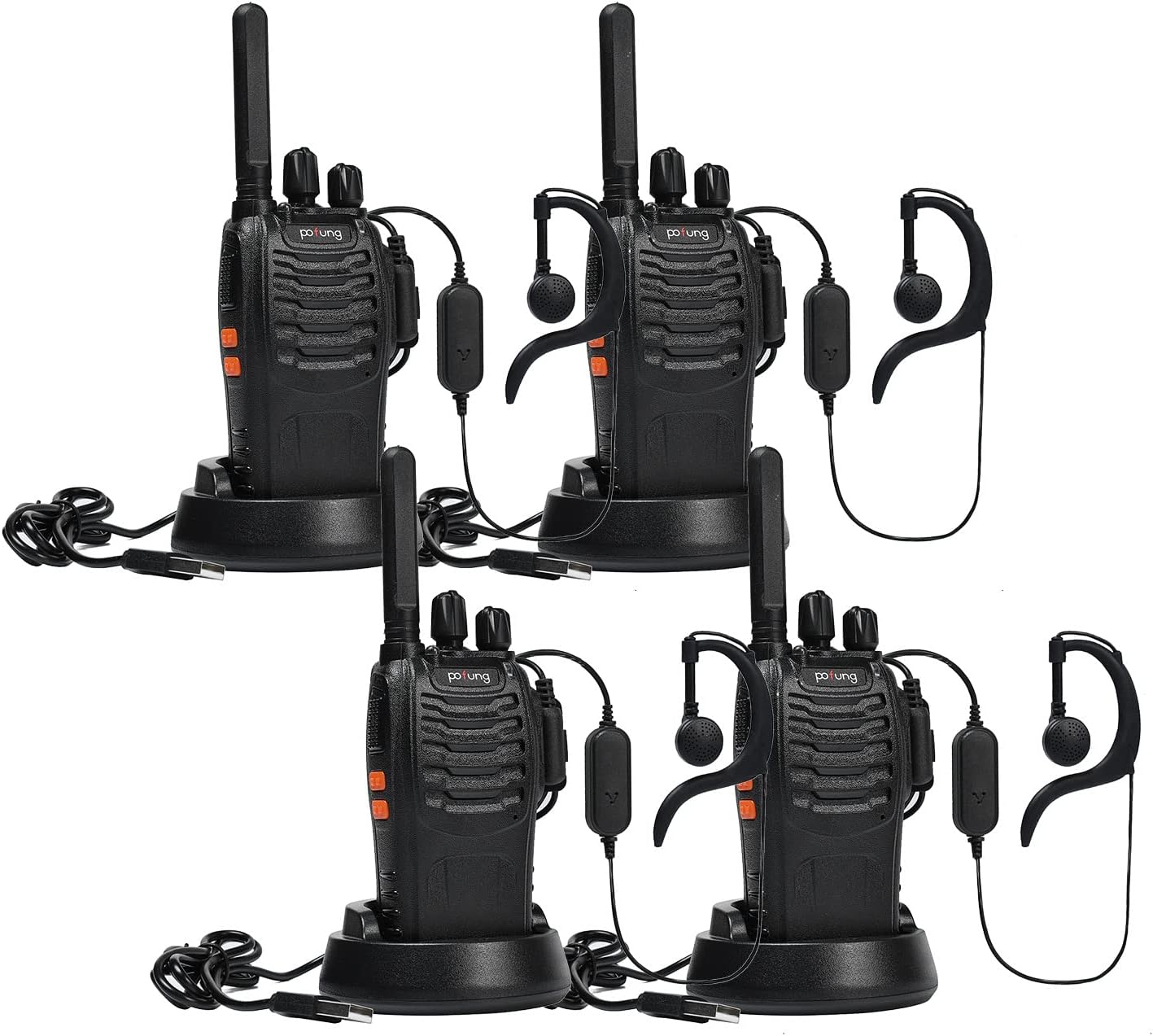 Walkie Talkie PMR446 lizenzfreies Zwei-Wege-Radio, pofung PT88E 16 Kanäle, professionelle wiederaufladbare USB-Ladestation mit großer Reichweite und Ohrhörer, Schwarz, 4 Stück