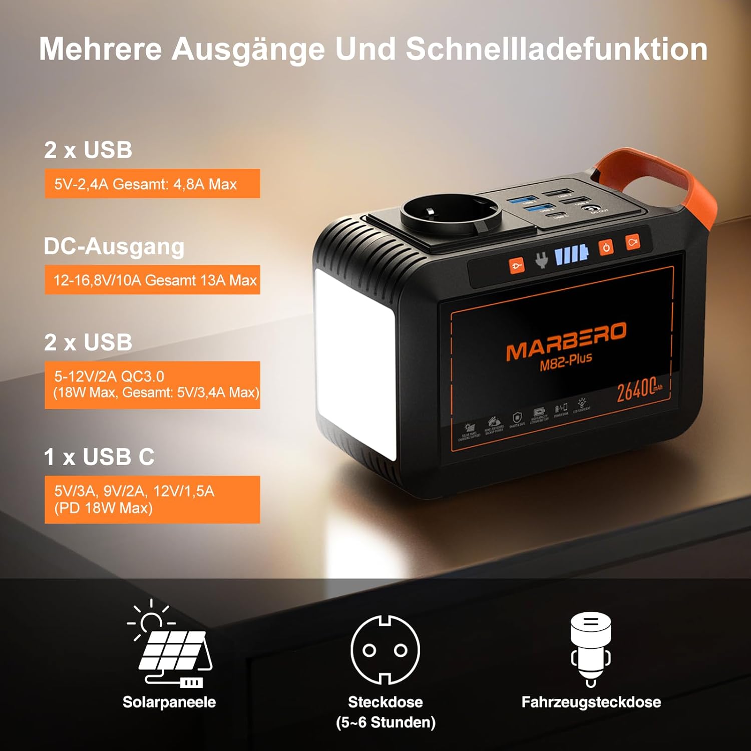 MARBERO Tragbare Power Station 26400 mAh 98 Wh Hochwertiger Lithium-Ionen-Akku Schnellladegerät 120 W Peak Solargenerator mit AC/DC / USB-Ausgängen für Reisen Camping Wohnmobil Notstromversorgung zu Hause – Bild 4