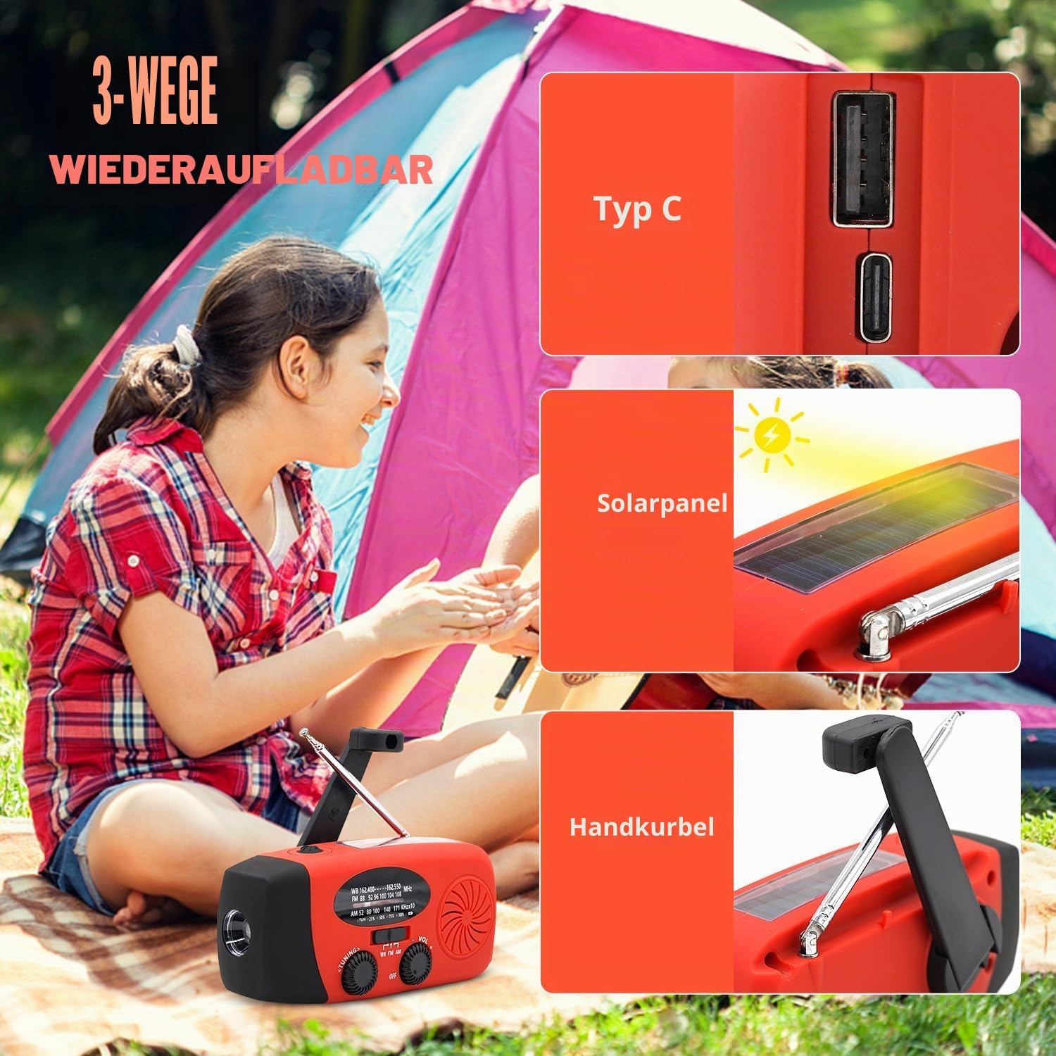 iRonsnow Notfall-Solarradio, tragbares Kurbelradio mit LED-Taschenlampe, wiederaufladbares 5000mAh-Netzteil, SOS-Alarm, AM/FM-Solarwindradio, USB-Ladegerät für Wandern, Camping (5000mAh Rot) | Tragbare, selbstbetriebene Radios mit SOS-Alarm, LED-Taschenlampe, Smartphone, USB-Ladegerät für Camping, Rot – Bild 5