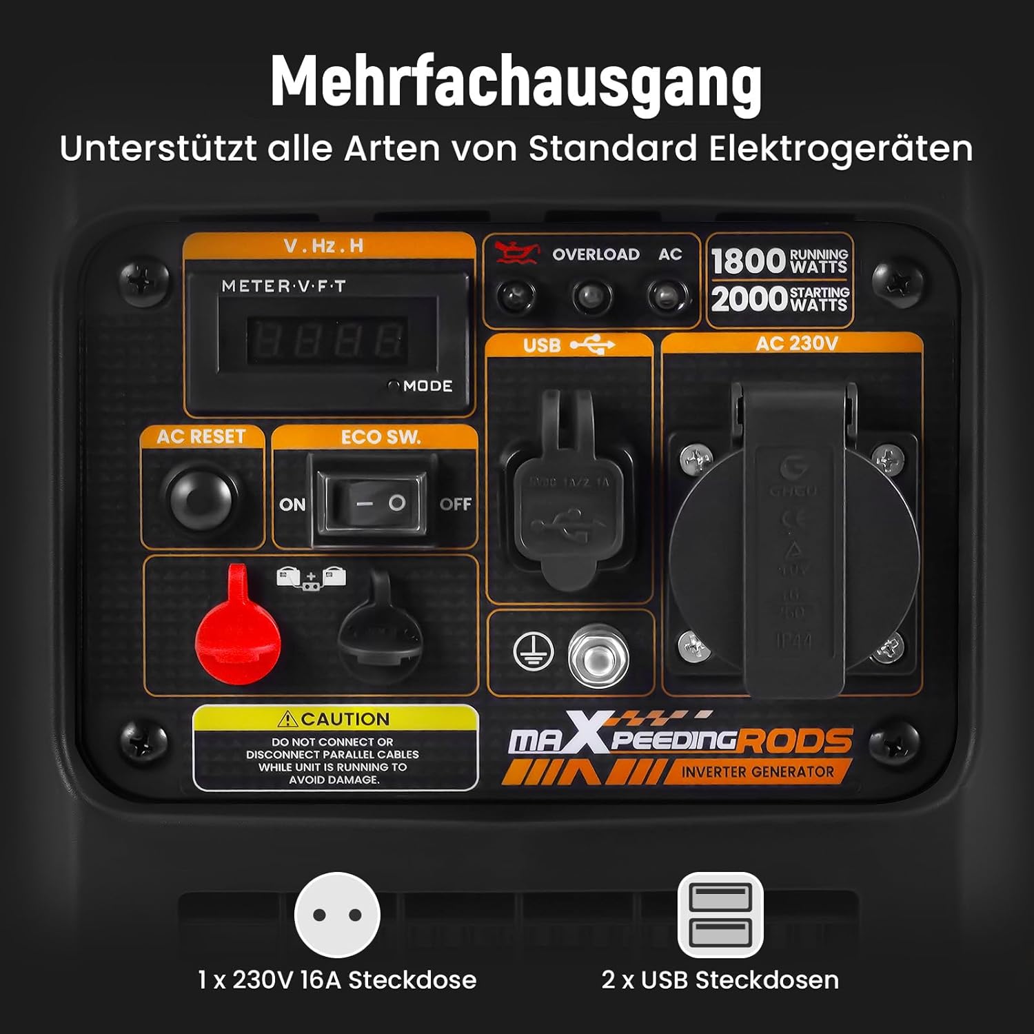 maXpeedingrods Inverter Stromerzeuger 2000W Benzin 4-Takt mit USB und 230V Steckdosen, Digitalanzeige, kompakt und leicht für Camping, Outdoor-Reisen, Wohnmobil – Bild 8