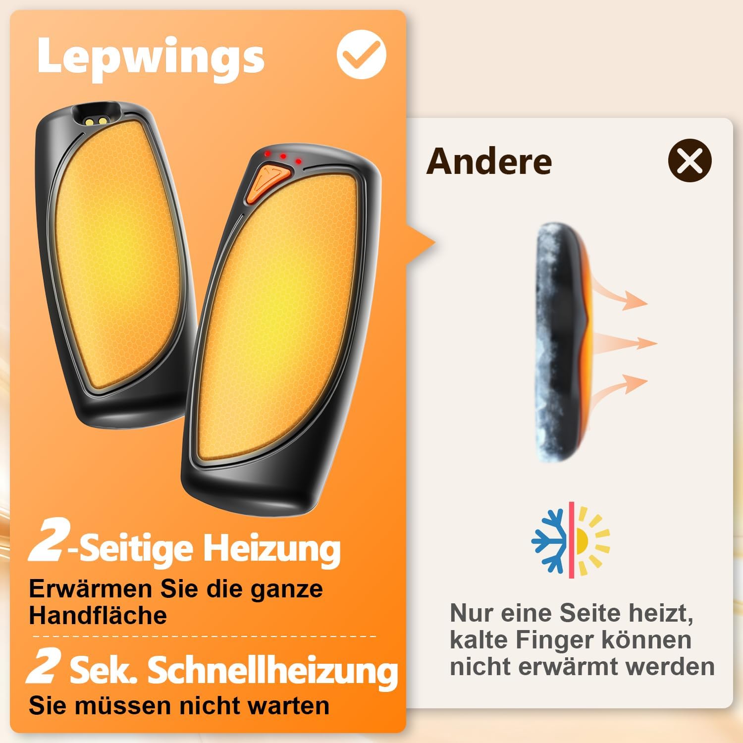 Lepwings Handwärmer Elektrisch 2er-Pack mit Ladecase, 14.000 mAh, Wiederverwendbarer Taschenwärmer, Beidseitige Heizfunktion, 3 Heizmodi, USB-Aufladbar, Ideal für Outdoor im Winter – Bild 5