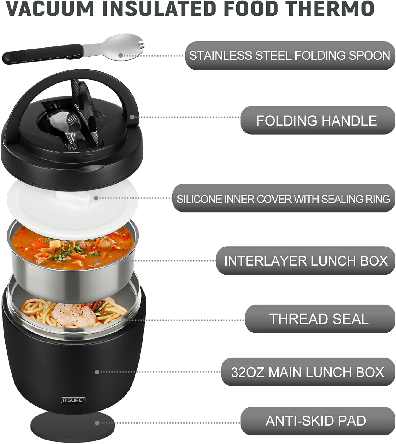 Thermobehälter für Speisen 970 ml, Thermoschüssel mit Deckel, Warmhaltebehälter aus Edelstahl mit Löffel, Thermoskanne Lebensmittel auslaufsicher, Thermo-Brotdose für Suppen, Babynahrung, Brei, Schwarz – Bild 2
