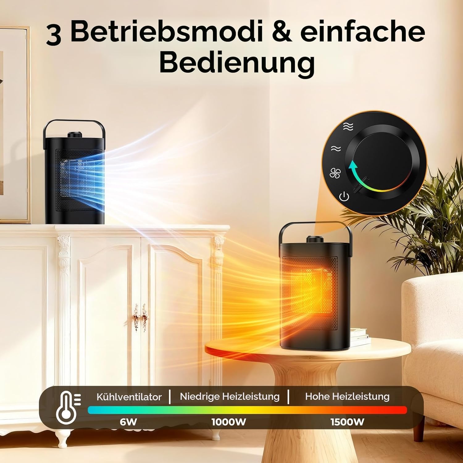 Heizlüfter, energiesparend, 1500 W, PTC-Keramik-Heizung, elektrisch, 3-Stufen-Modus, Überhitzung & Kippschutz, tragbare elektrische Heizung für Räume, Schlafzimmer, Büros (energiesparend) – Bild 5