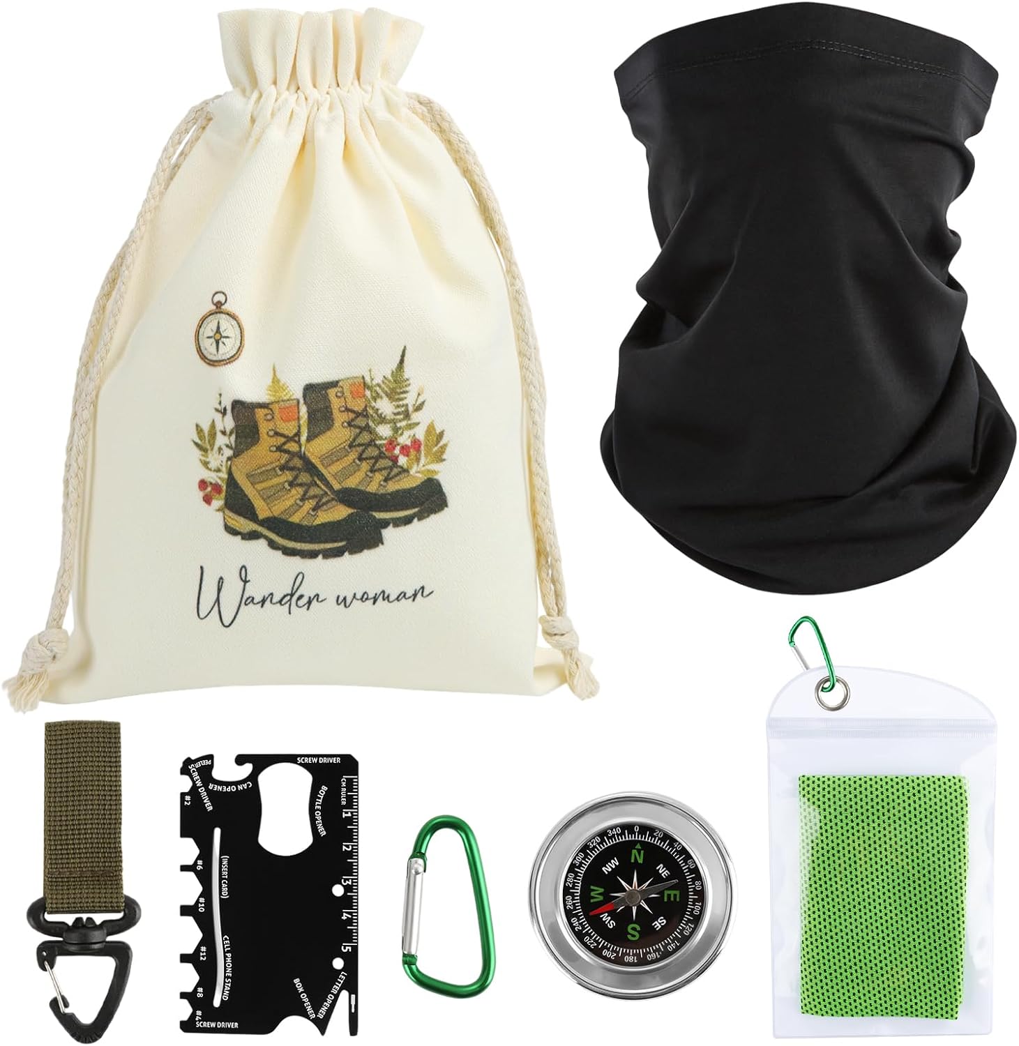 7er-Set Wanderzubehör, Geschenk für Wanderer, Wanderzubehör inklusive Multifunktionswerkzeug, schnell trocknende Sporthandtücher, Schal, Karabiner, Edelstahl-Kompass und Rucksackhaken für den Außenbereich