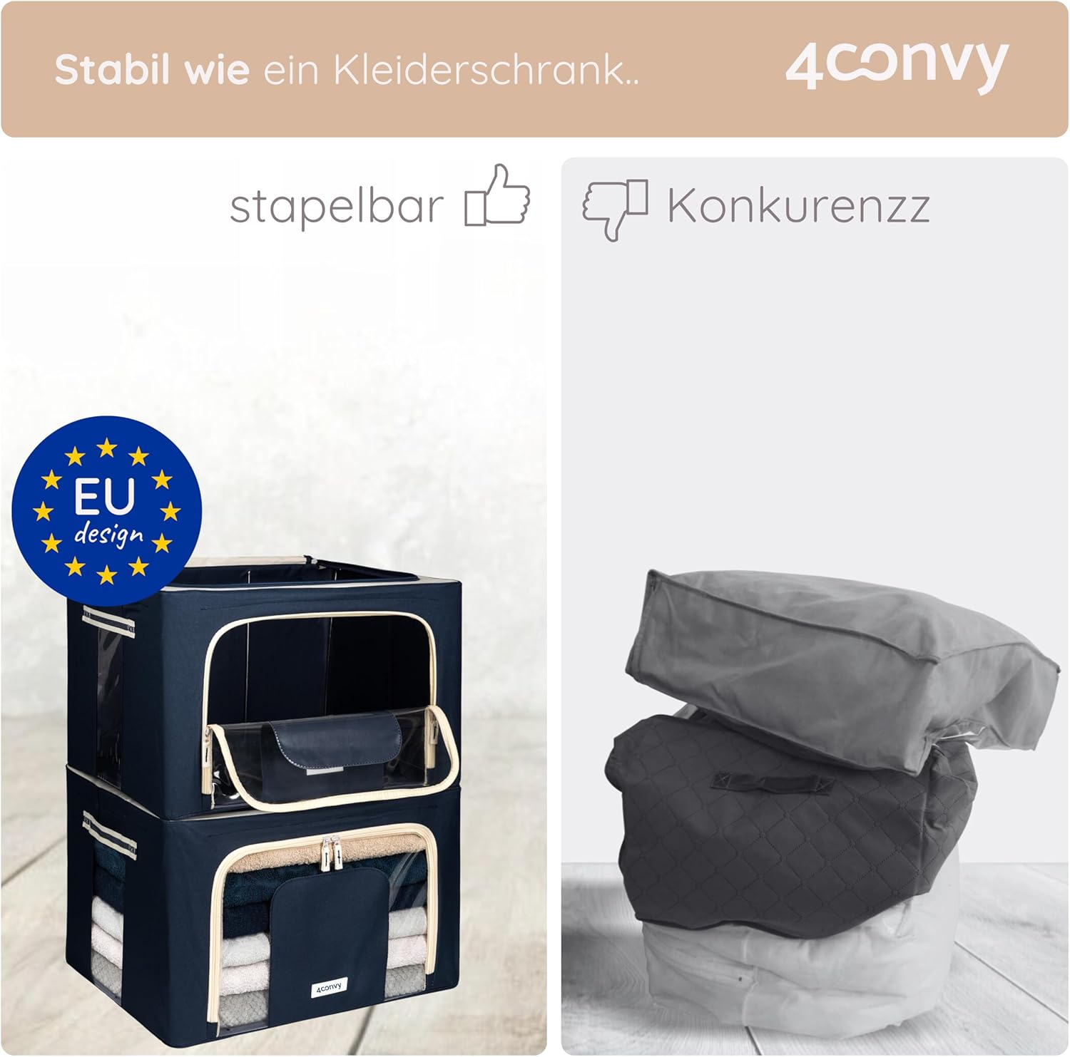 Starre, faltbare Kleideraufbewahrung 4CONVY – Aufbewahrungstasche für Bettdecken/Kissen/Kleidung/Bettwäsche mit Metallrahmen und 2 Fenstern – stapelbar – nicht zerknitterte Dinge – 2er-Pack – Bild 2