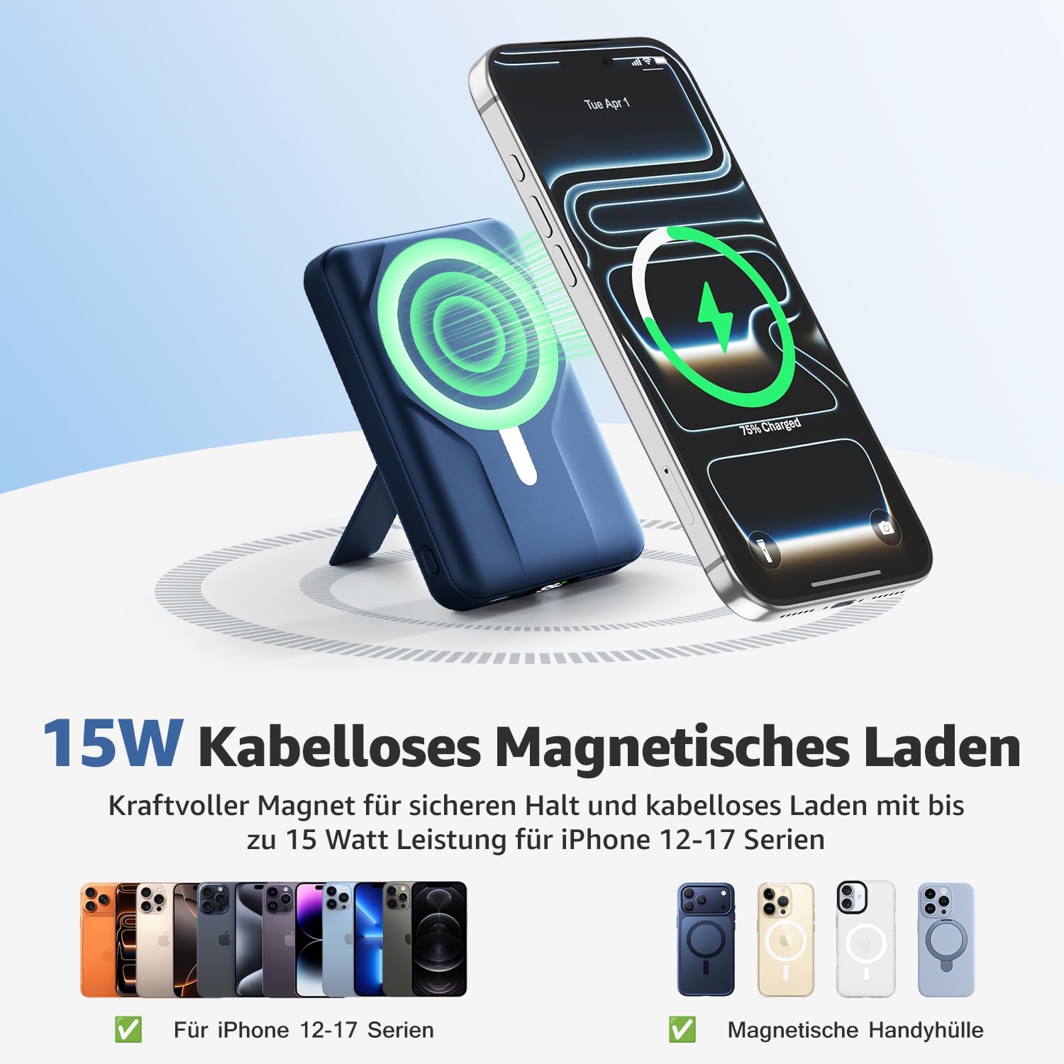 Azmuth Magsafe Powerbank 10000 mAh kabellos magnetisch für iPhone 17-12 | Kabellose Powerbank mit USB-C-Eingang und -Ausgang, 22,5 W USB-A, Klappständer und LED-Bildschirm für iPhone 17/16/15/14/13/12 – Blau – Bild 2