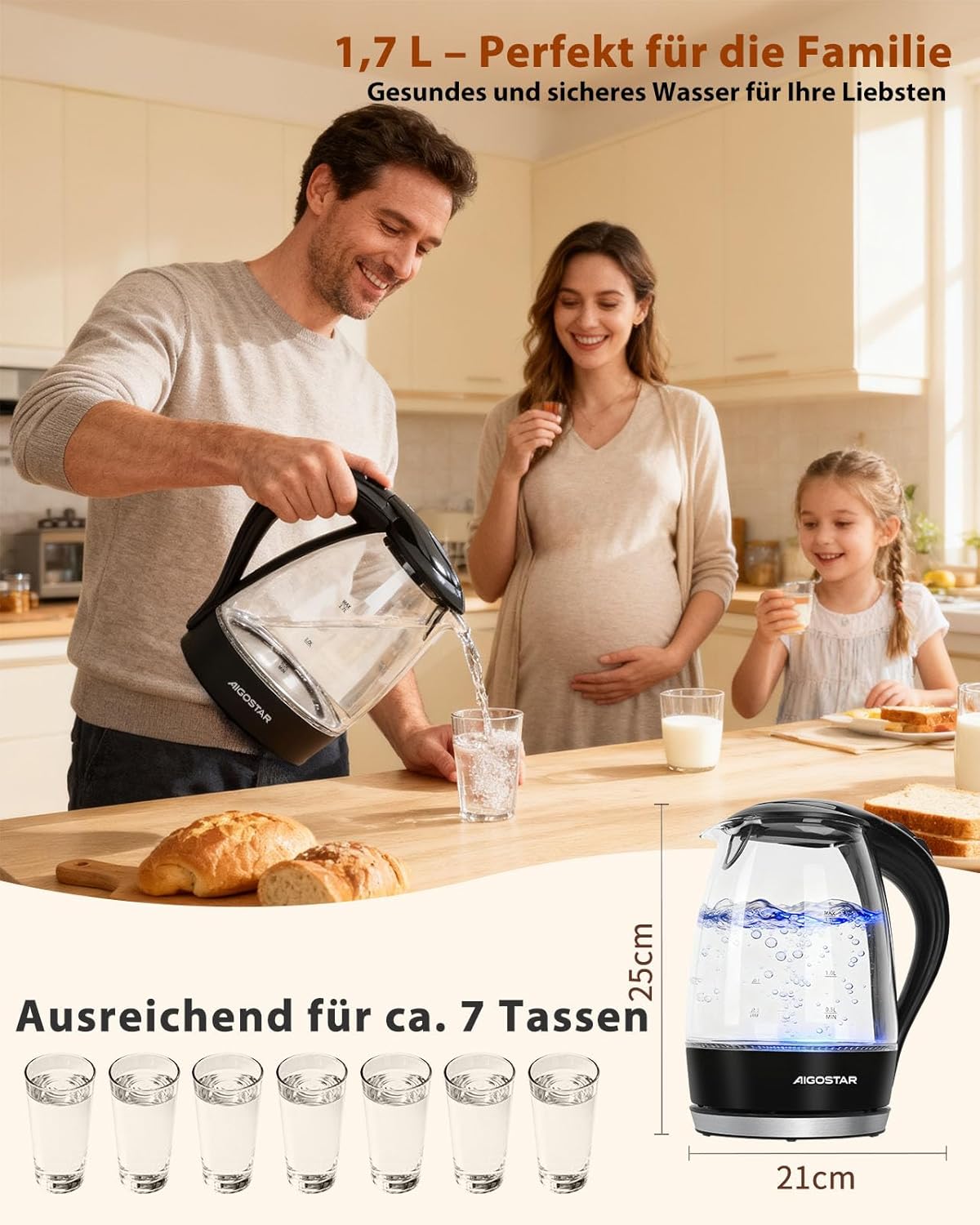 Aigostar Eve 30GON Glaswasserkocher mit LED-Beleuchtung, 2200 Watt, 1,7 Liter, Koch-Trockenschutz, BPA-frei, Weiß -, Adam – Bild 6