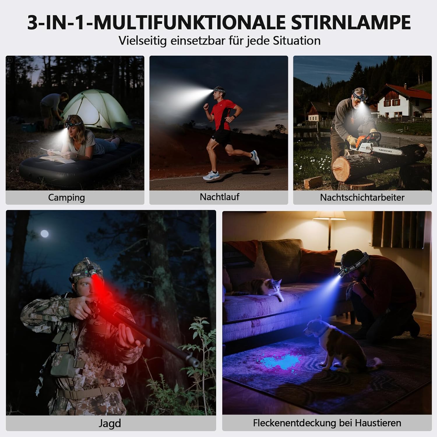 ET Stirnlampe LED wiederaufladbar mit Weiß-/Rotlicht/UV-Licht/Schwarzlicht, extrem helle Stirnlampe mit Batteriebetrieb, 16 Modi, Stirnlampe wasserdicht für Schutzhelme, Jagd, Erkennung von Tierurin – Bild 3