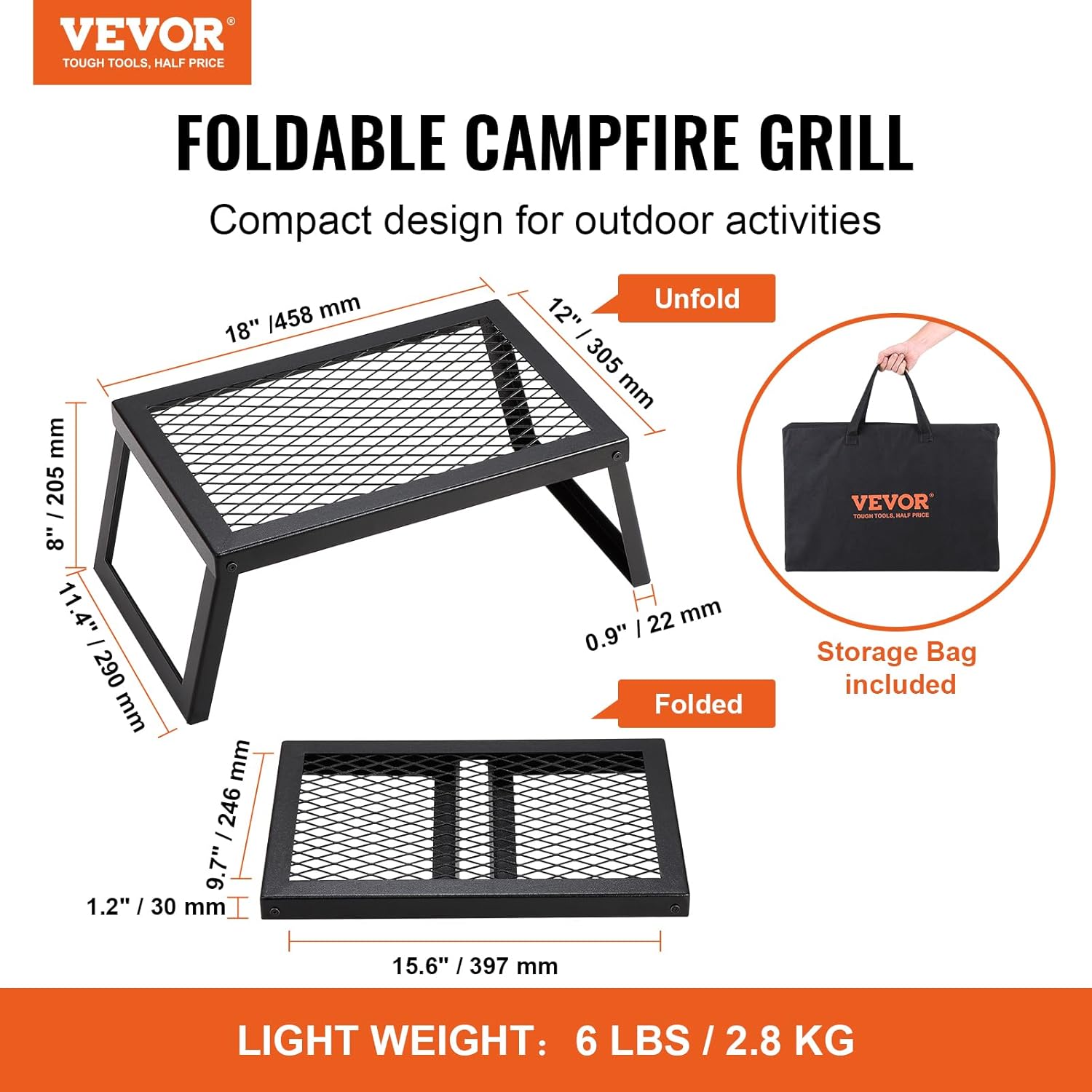 VEVOR BBQ Gills Holzkohlegrill Klappgrill 458 x 305 x 205 mm, Tischgrill tragbarer Reisegrill 6 kg Tragkraft, Outdoor faltbarer Picknickgrill Campinggrill schwarz 300 °C, für Terrasse, Camping, Party – Bild 2