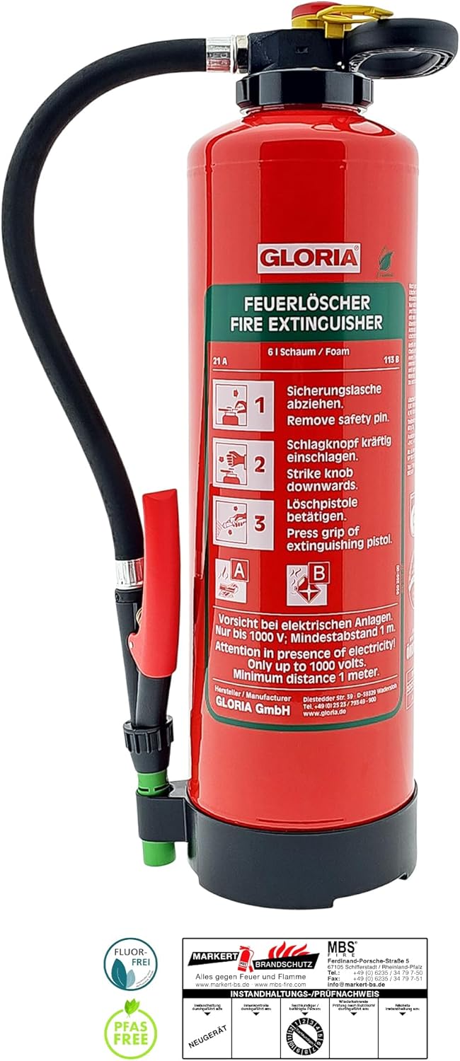 Gloria - SKE 6 PRO - Schaum-Feuerlöscher - Fluorfrei - 6 Liter - Für Brandklassen A, B - Inklusive Wandhalterung - Inklusive Prüfplakette
