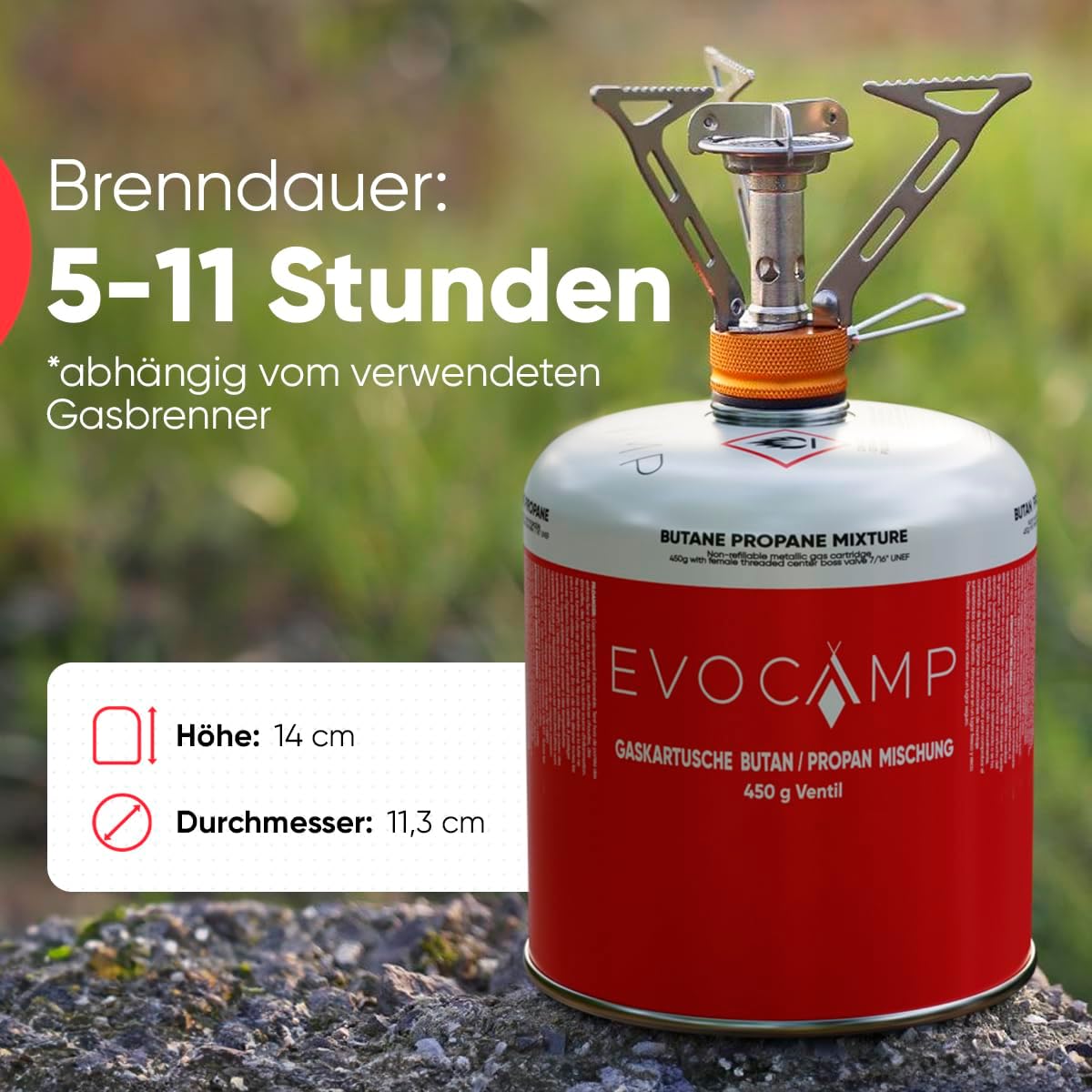 EVOCAMP 4 x Propan-Butan-Gaskartuschen 450 g für Weber-Grills Q100/1000-Serie, Schraubkartusche Eurogewinde 7/16 Zoll, Ventilkartusche 809 ml mit automatischer Sicherheitsverriegelung – Bild 3