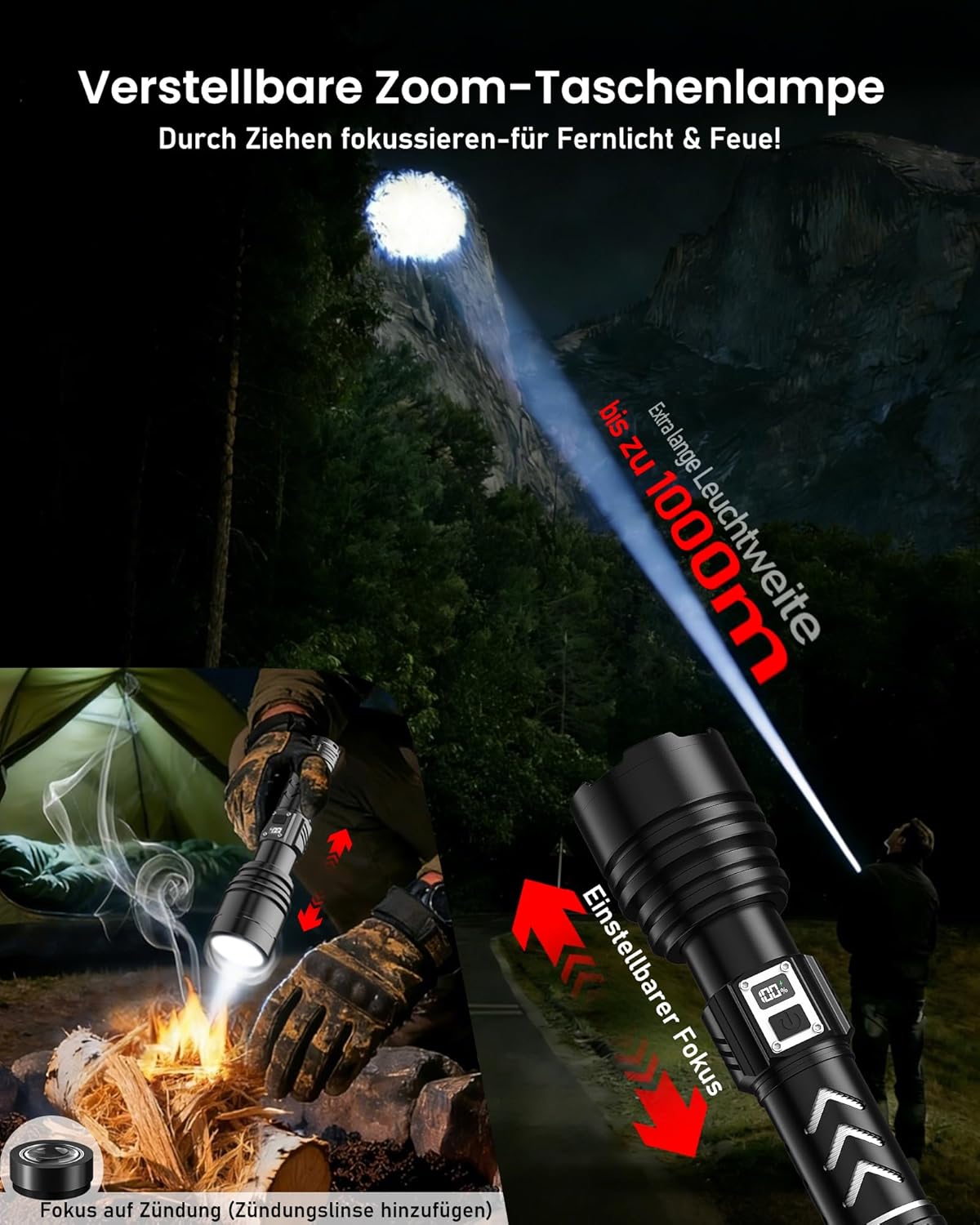 Shadowhawk Taschenlampe LED wiederaufladbar, 1.000.000 LM – 50 W, taktische Taschenlampe, extrem hell, 1000 m Weitschuss & 12 Stunden Laufzeit, IP67 LCD-Display, Taschenlampe für Survival/Outdoor/Camping, mit Zündfunktion – Bild 3