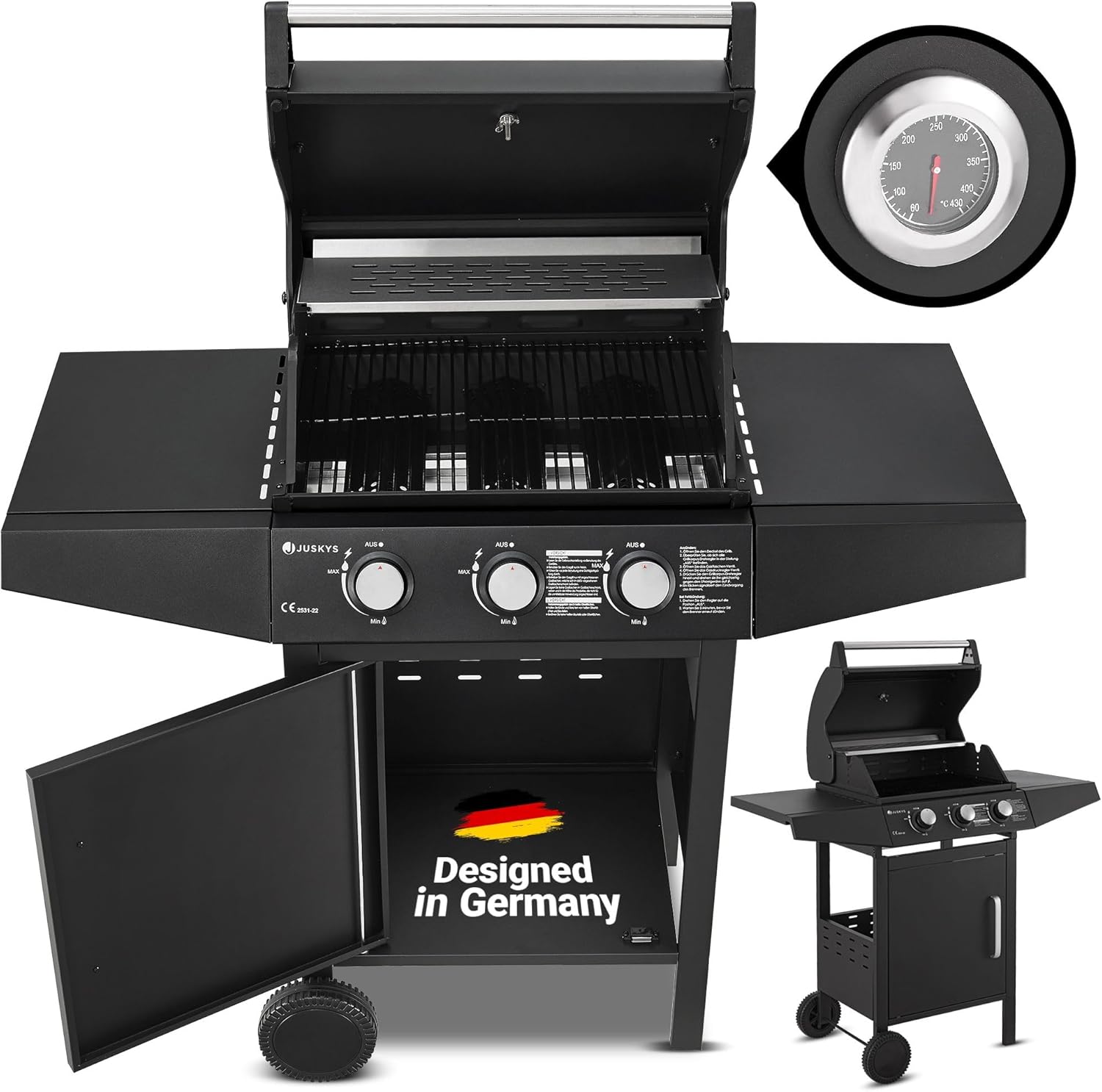 Broilcue Louisiana BBQ Gasgrill 3 Brenner 8,1 kW Gasgrillwagen inkl. Grill Grillrost, Deckel mit Grillthermometer, Warmhalterost und Seitenablagen