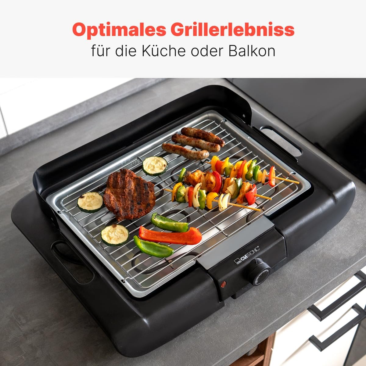 Clatronic BQ 3841 Barbecue Tischgrill, Elektrogrill ideal für Balkon und Küche, Elektrogrill mit Windschutz, Grill mit verchromtem Grillrost, Tischgrill mit Cool-Touch-Gehäuse – Bild 6