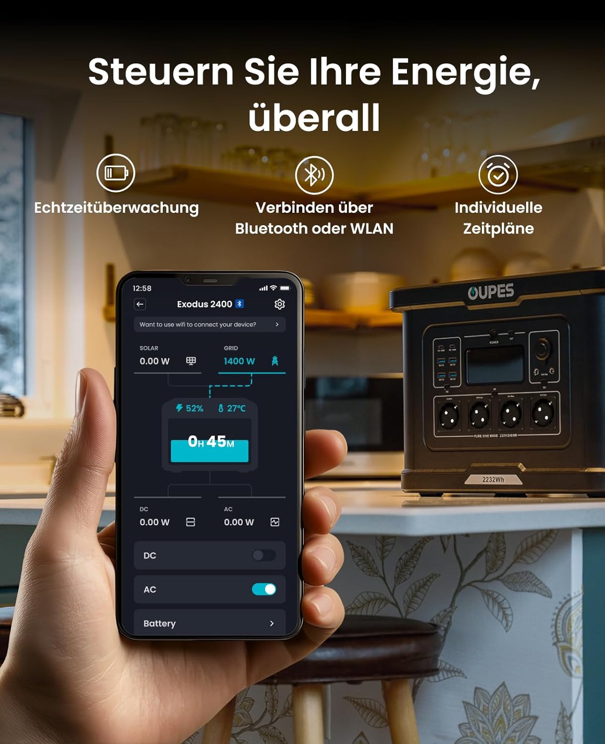 OUPES Exodus 2400 Tragbares Kraftwerk 2400 W, 2232 Wh Solargenerator mit 4 Steckdosen (Boost 2600 W, 4500 W Peak), Schnellladung 0-80 % in 50 Minuten, USV-Funktionsgenerator für Camping, Wohnmobil – Bild 8