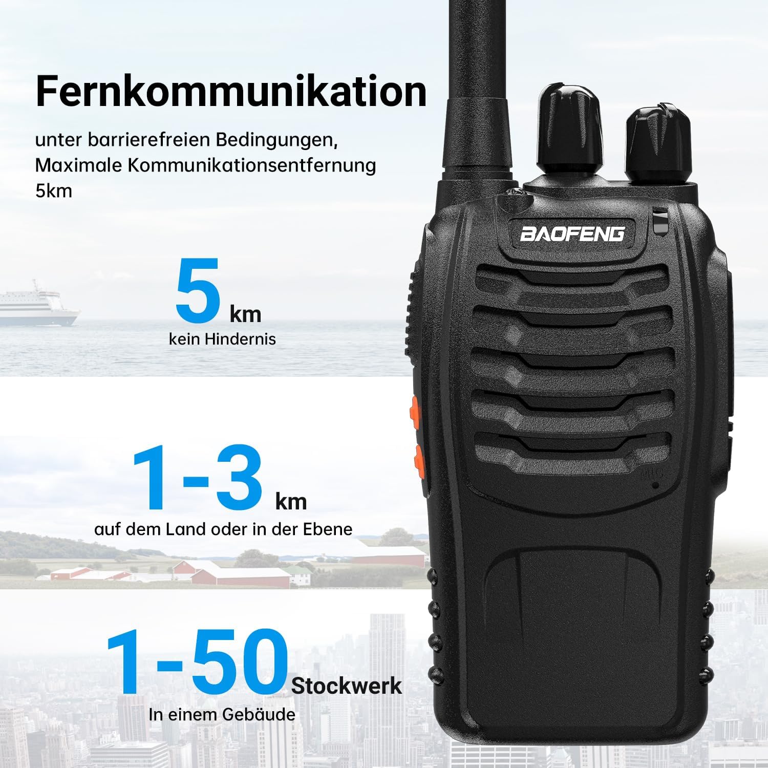 Professionelles Walkie-Talkie für Erwachsene mit großer Reichweite, wiederaufladbarem Akku, 16-Kanal-Funkgerät, USB-Ladegerät und Ohrhörer mit VOX (schwarz, 1 Paar) – Bild 2