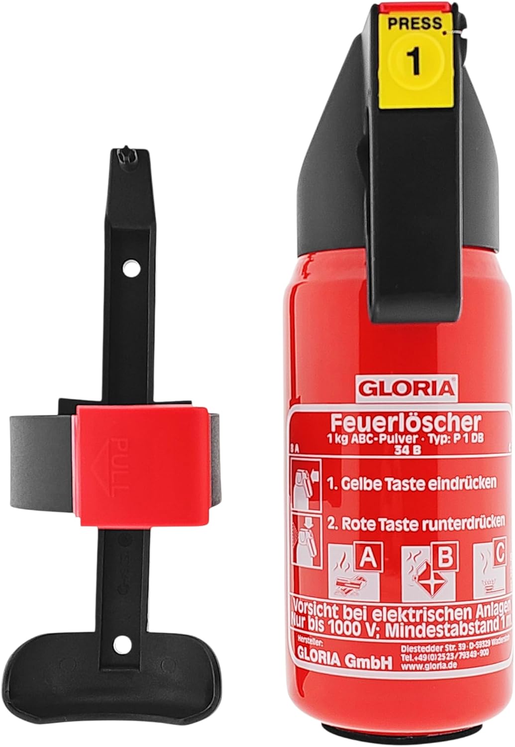 Gloria Auto-Pulverlöscher P1DB, 1 kg, Feuerklasse ABC, Halter und Plakette – Bild 5