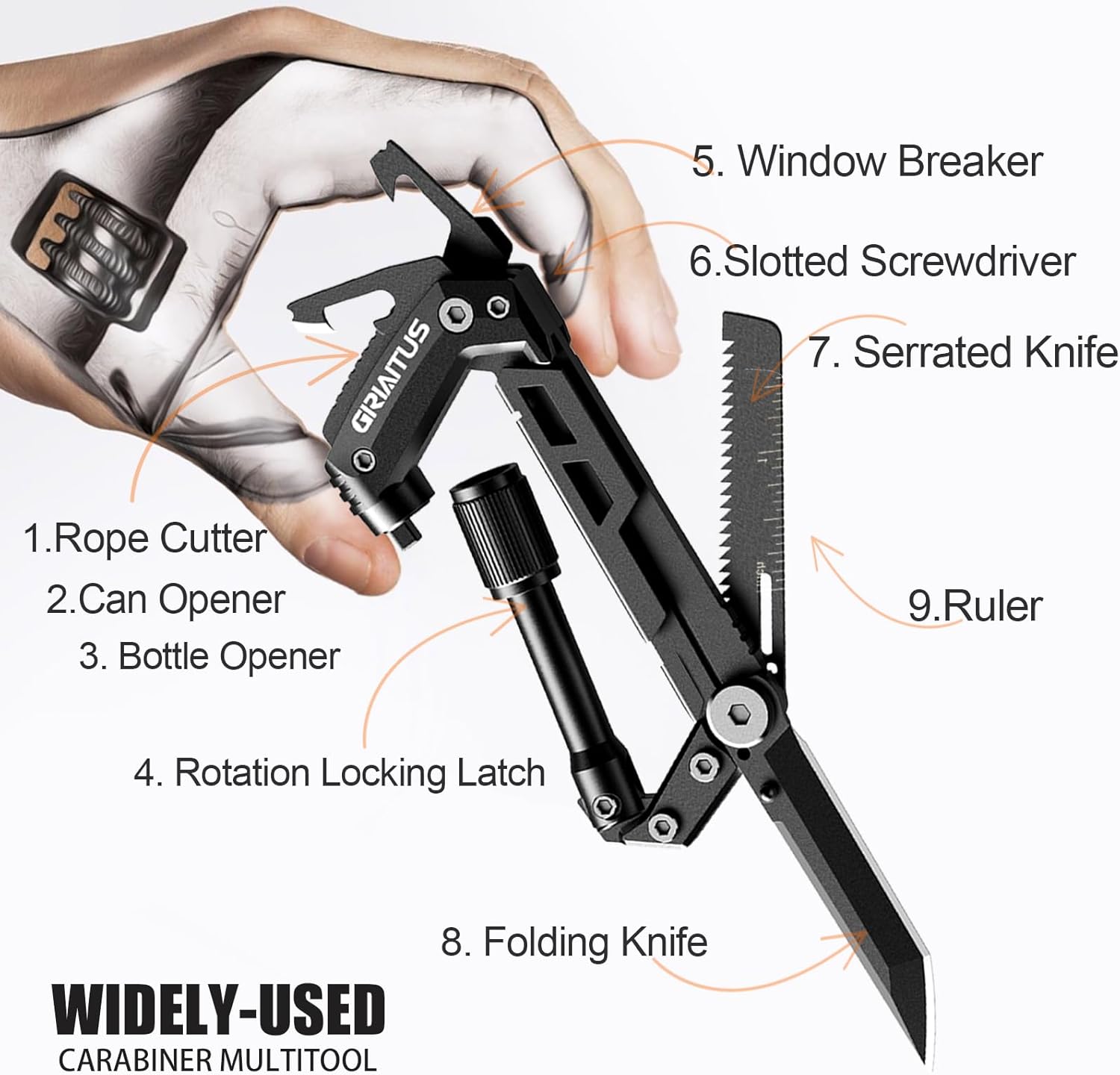 8en1 Karabiner-Multitool mit Taschenmesser, Säge, Seilschneider, Schraubendreher, Dosen, Flaschenöffner, Lineal, Klappmesser, Geschenke für Männer, Camping-Zubehör, Wandern (schwarz) – Bild 2